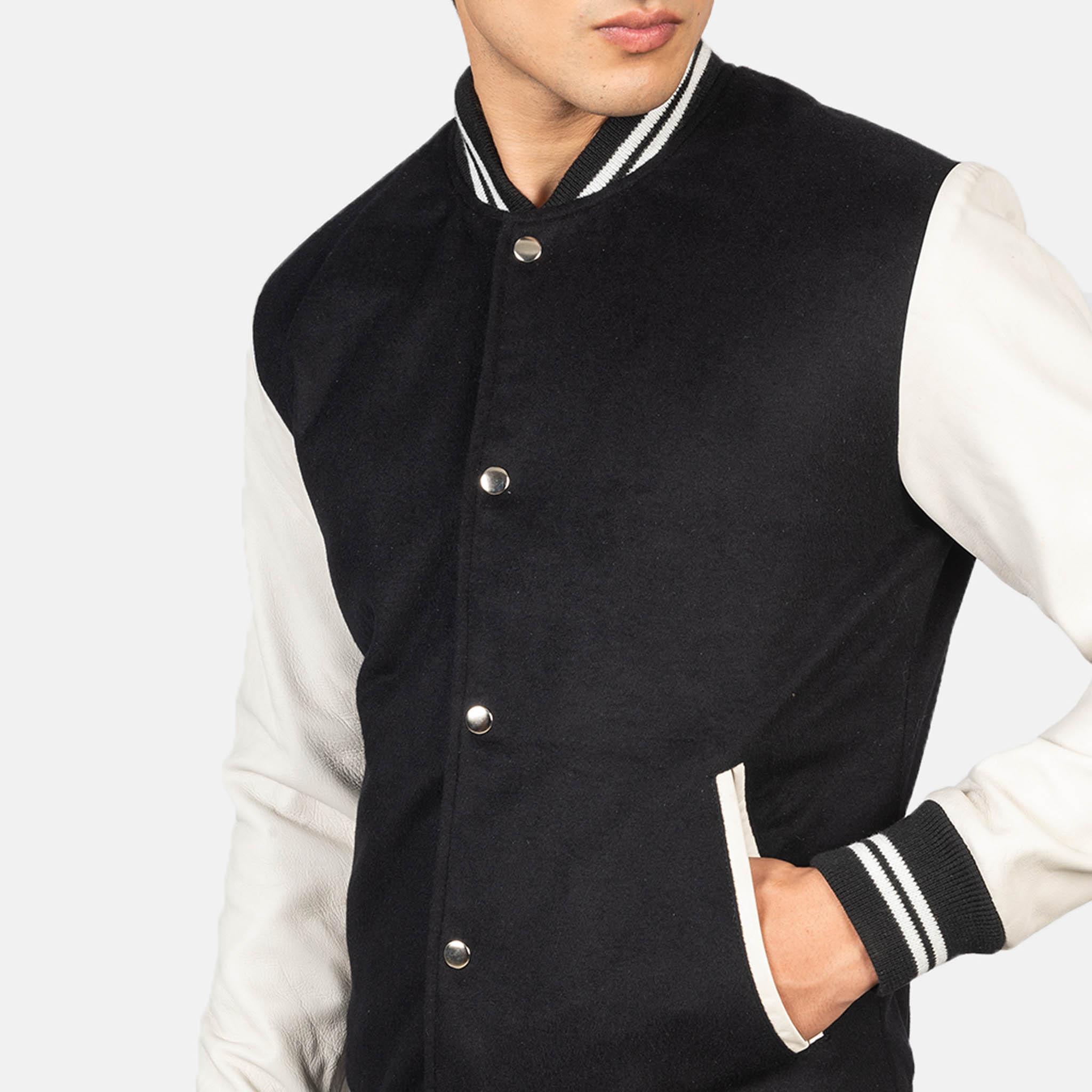 Black Striped Baxton Varsity Jacket – Wool Body with Leather Sleeves Letterman