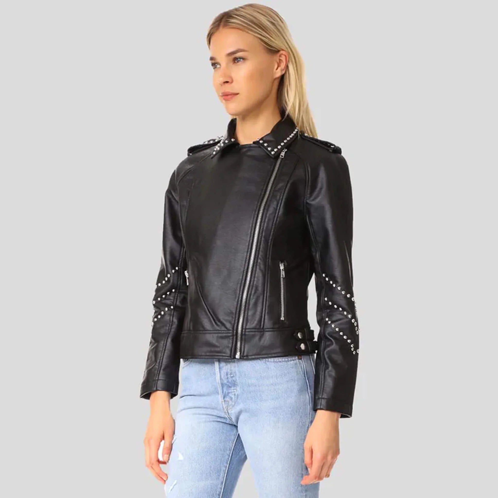 Raven Black Studded Lambskin Leather Jacket for Women