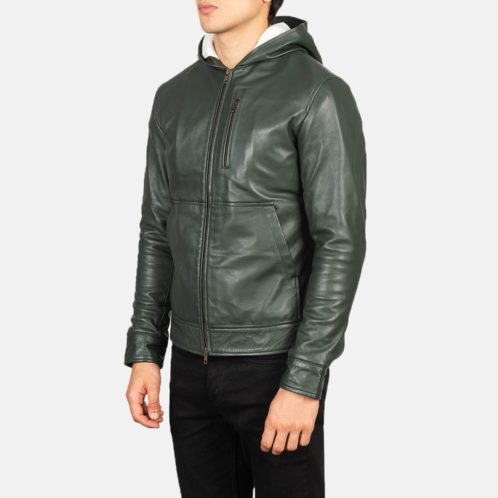 Caston Green Hooded Leather Bomber Jacket – Men's Premium Outerwear - leathergang.com