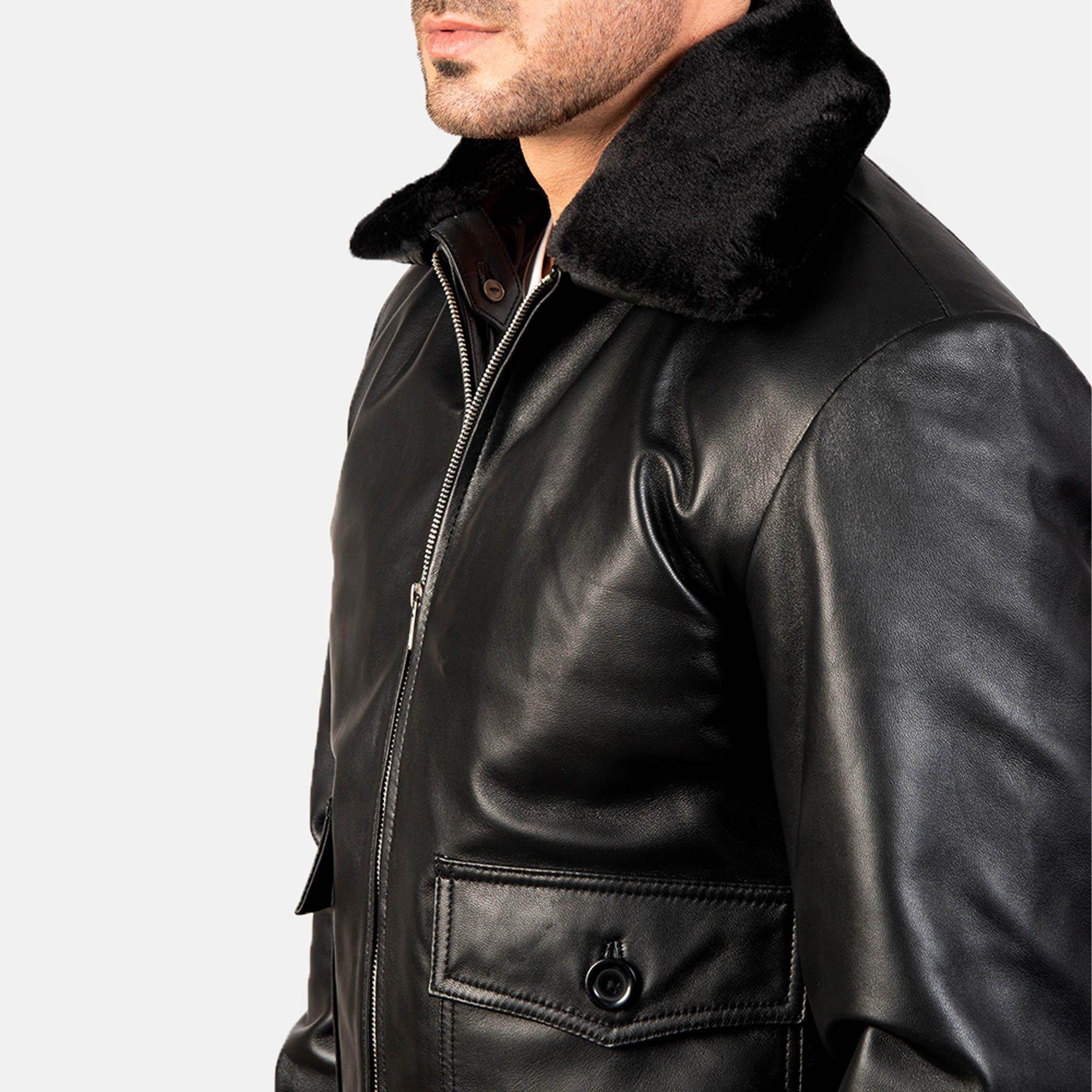 Aarin G-1 Black Leather Bomber Jacket – Shearling Fur Collar for Men