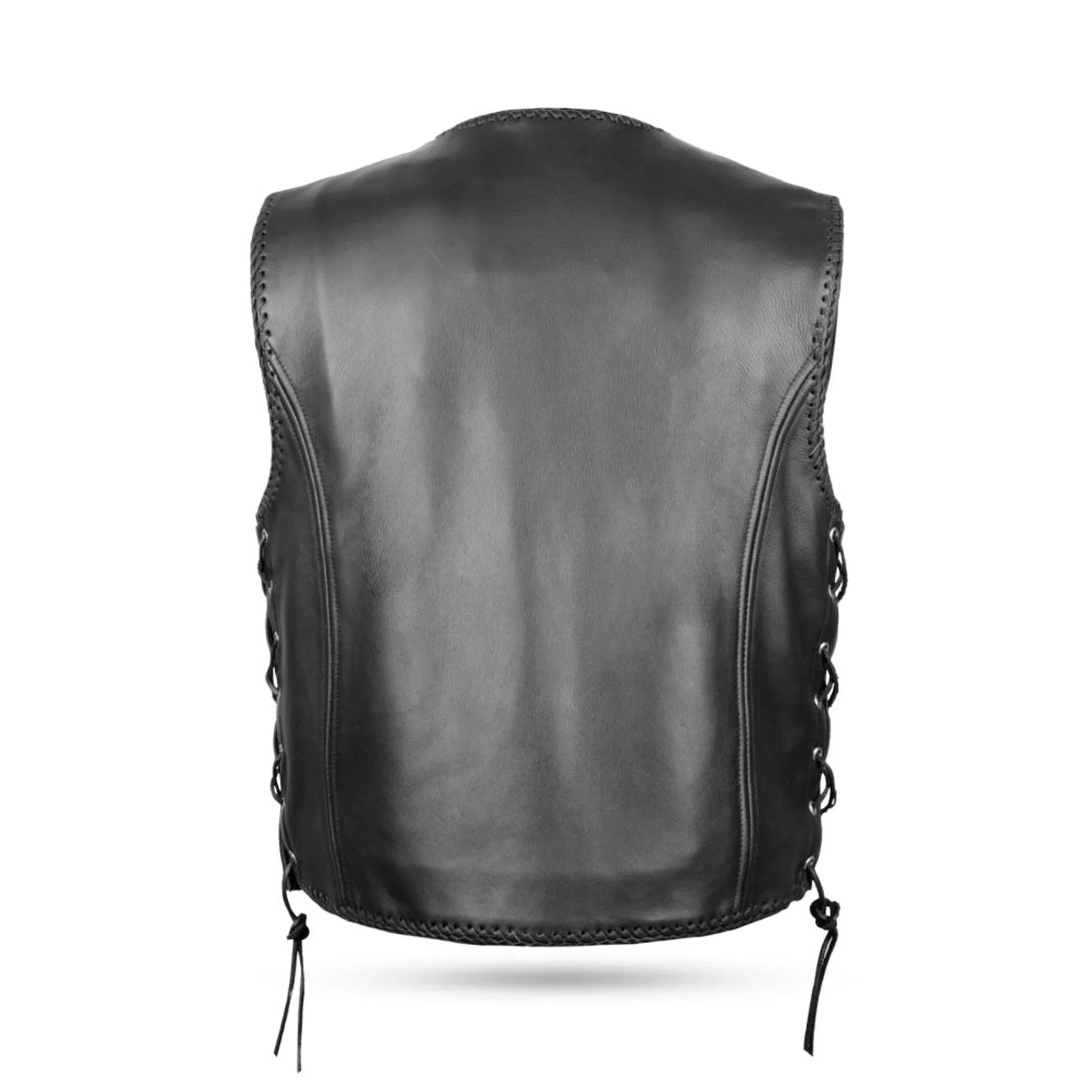 Leather Biker Vest Waistcoat with Side Laces & Fish Hook Design - Short Body Motorcycle Vest - leathergang.com