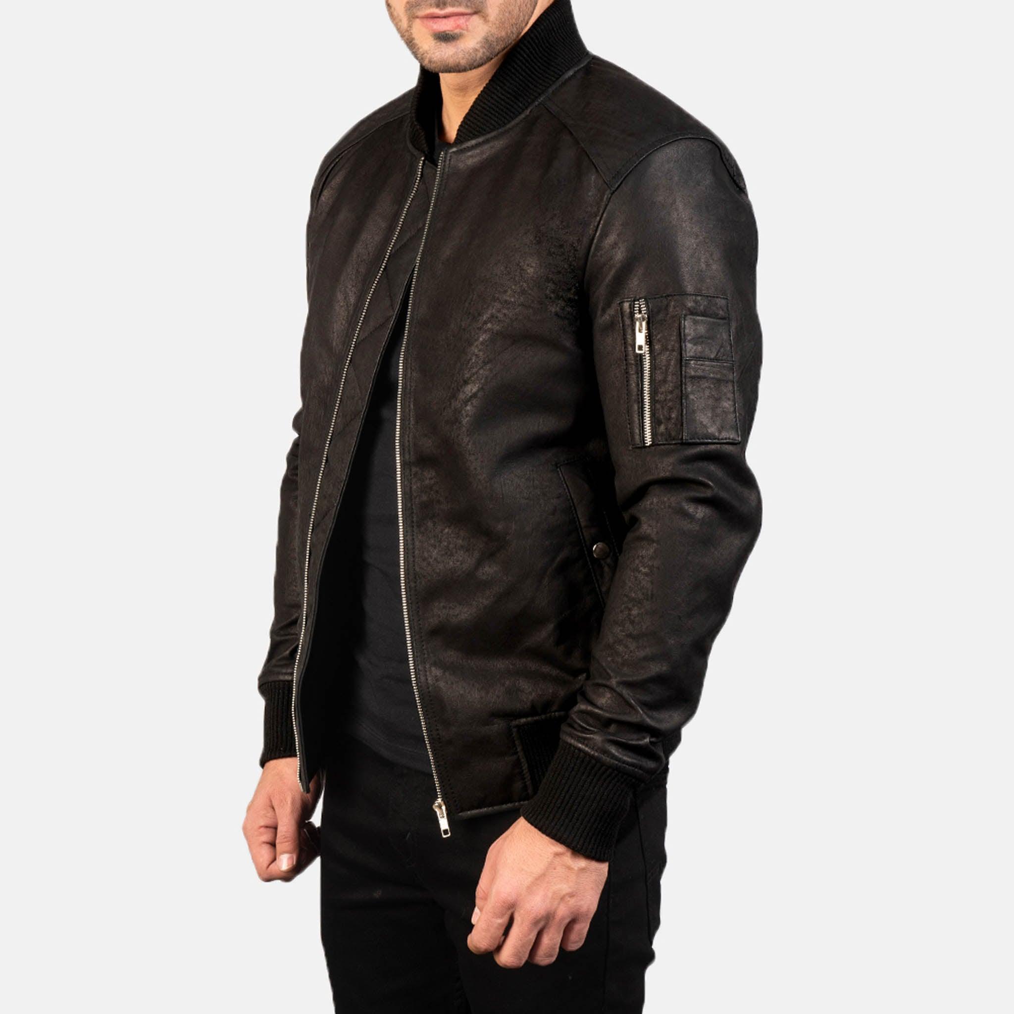 Allora MA-1 Bomber Jacket in Distressed Black Leather – Premium Effortless Style