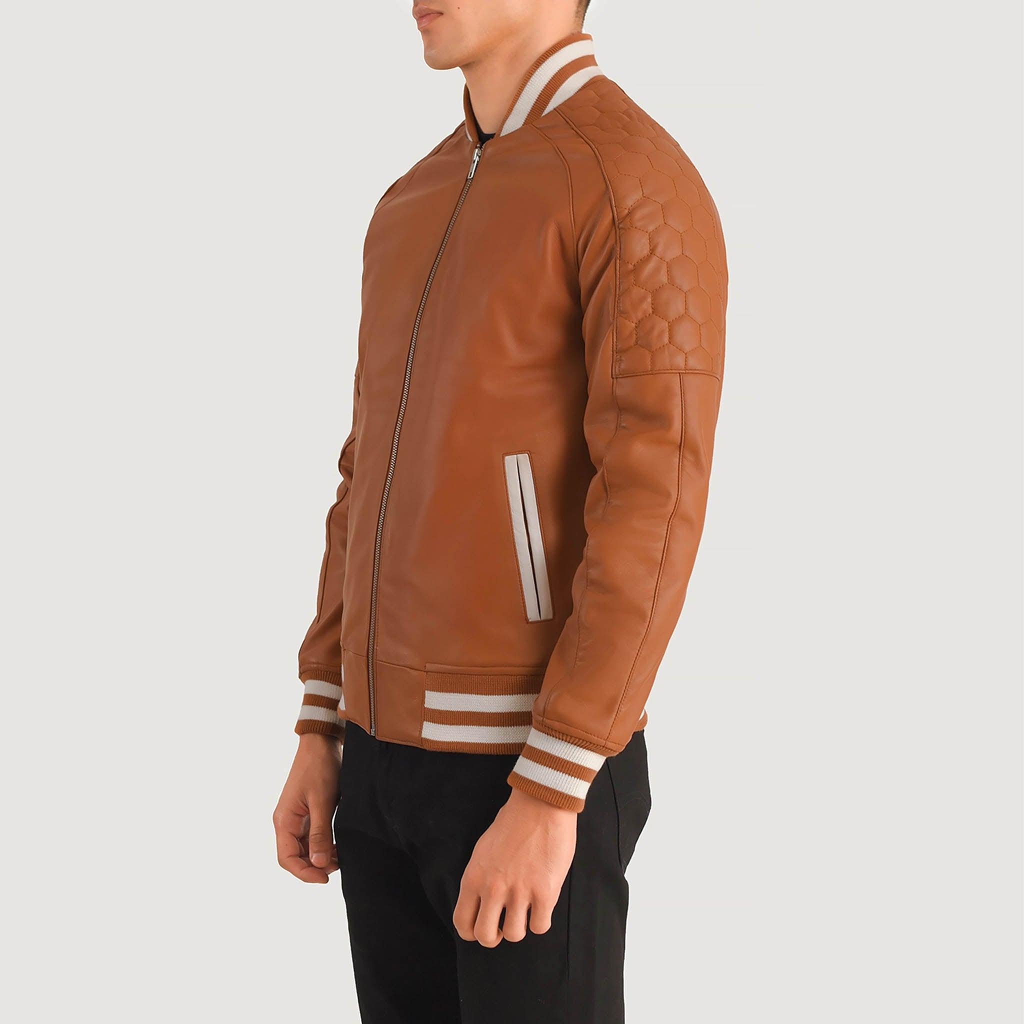 Felix Varsity Jacket in Genuine Gold Brown Leather – Perfect for Custom Embroidery