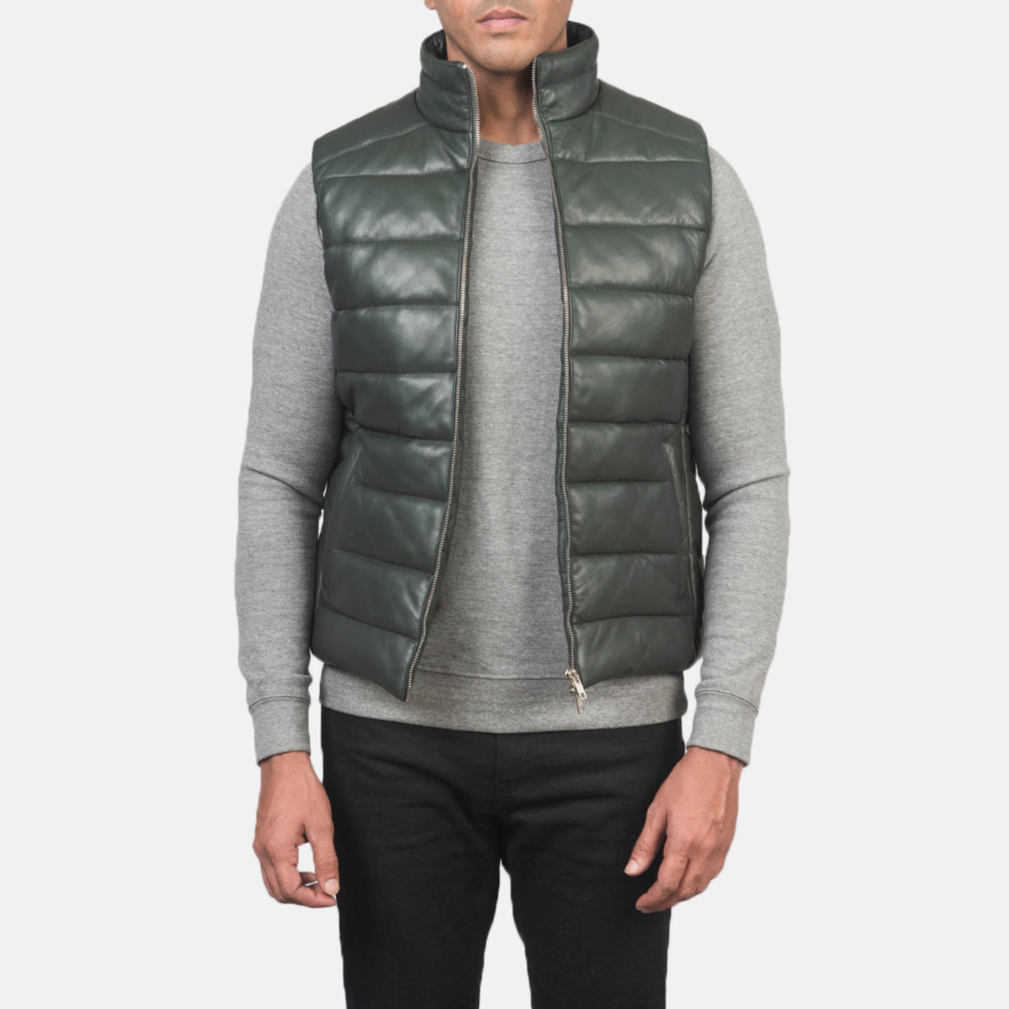 Reece Men’s Green Quilted Leather Puffer Vest – Sleek & Insulated Layer - leathergang.com
