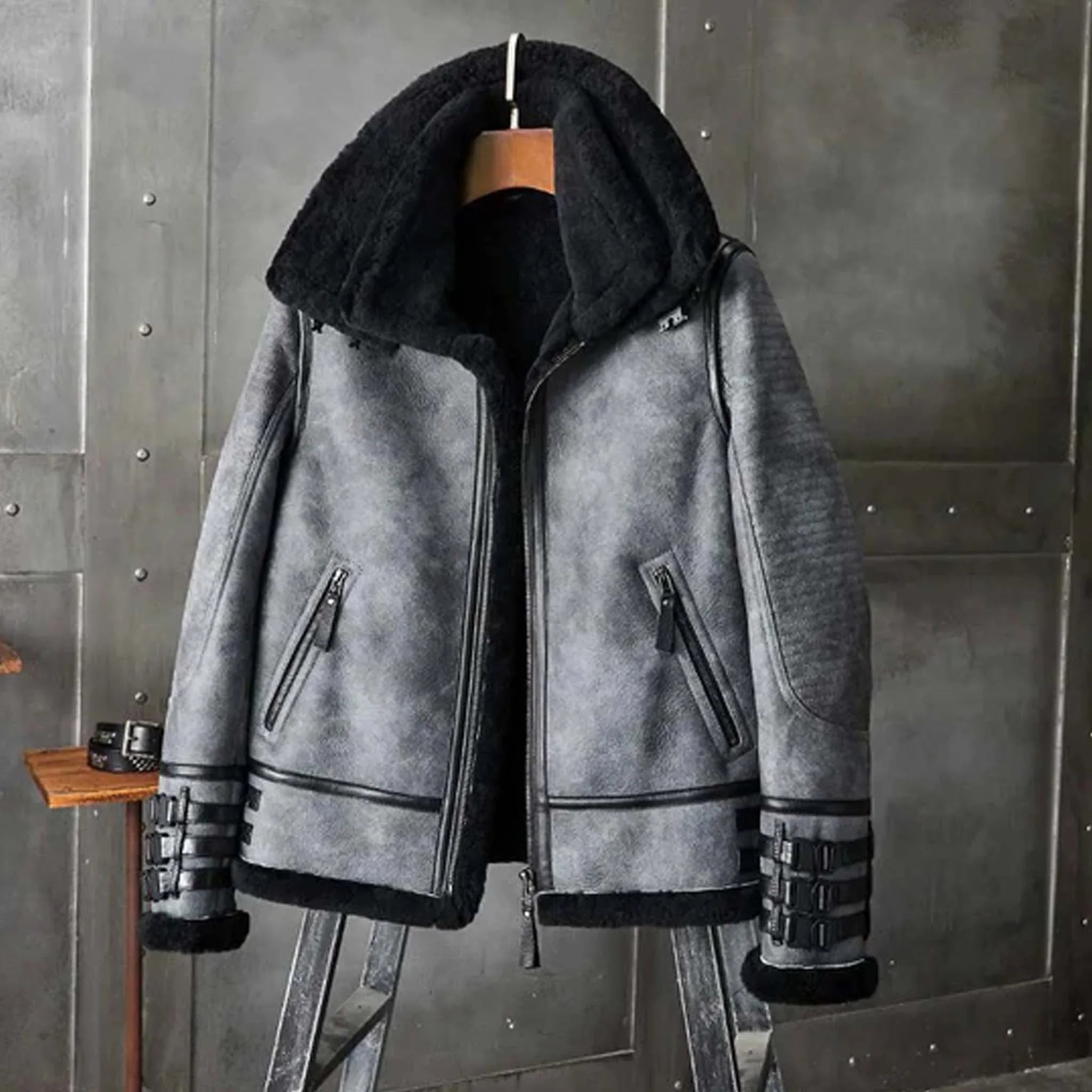 Jaxen Men’s B3 RAF Grey Bomber Jacket - Shearling Leather Short Fur Coat - leathergang.com
