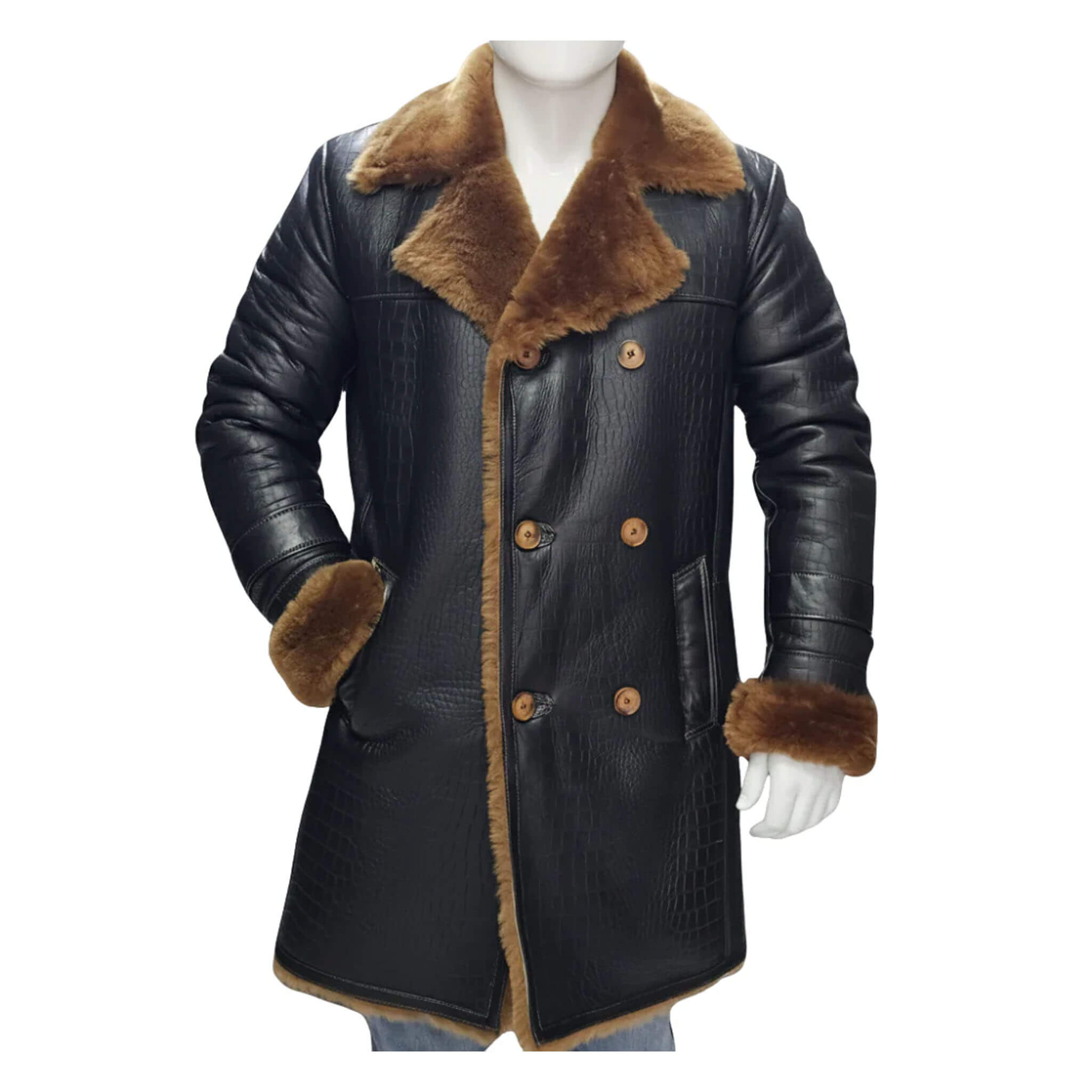 Black croc-print shearling overcoat with double-breasted closure and full sheepskin lining for luxury warmth and winter protection.