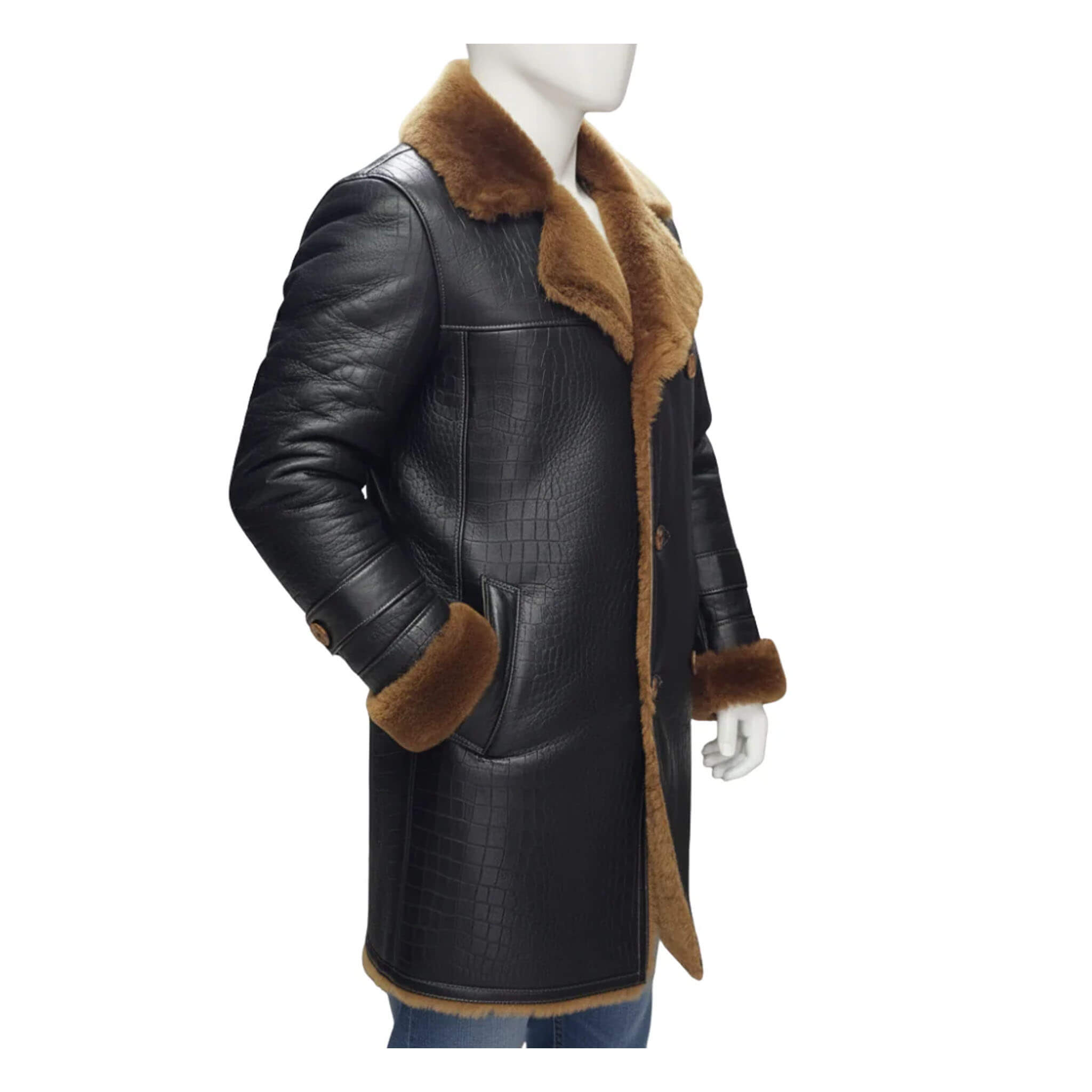 Black croc-print shearling overcoat with double-breasted closure and full sheepskin lining for luxury warmth and winter protection.