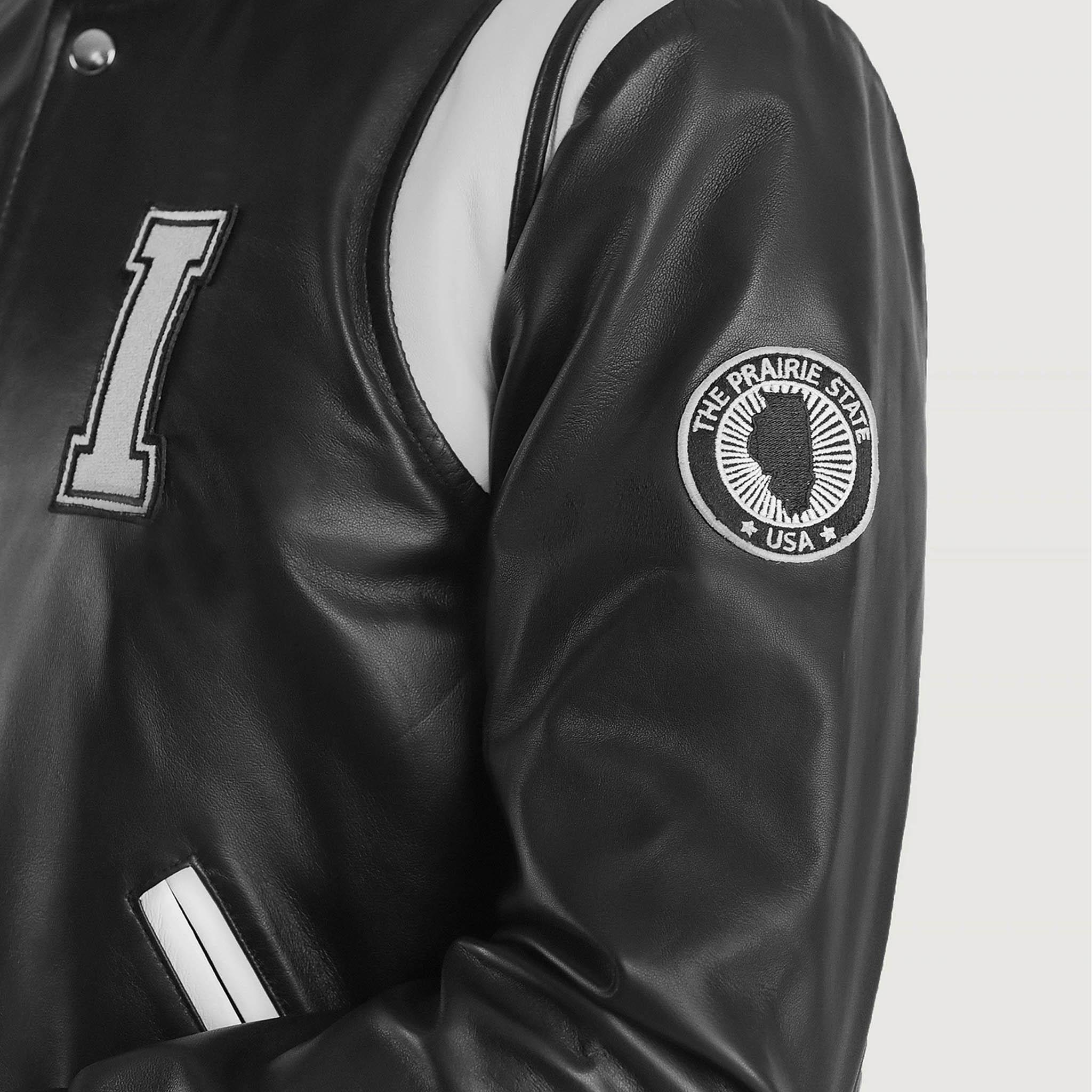 Hazel Illinois Black Leather Varsity Jacket – College Letterman Baseball Style