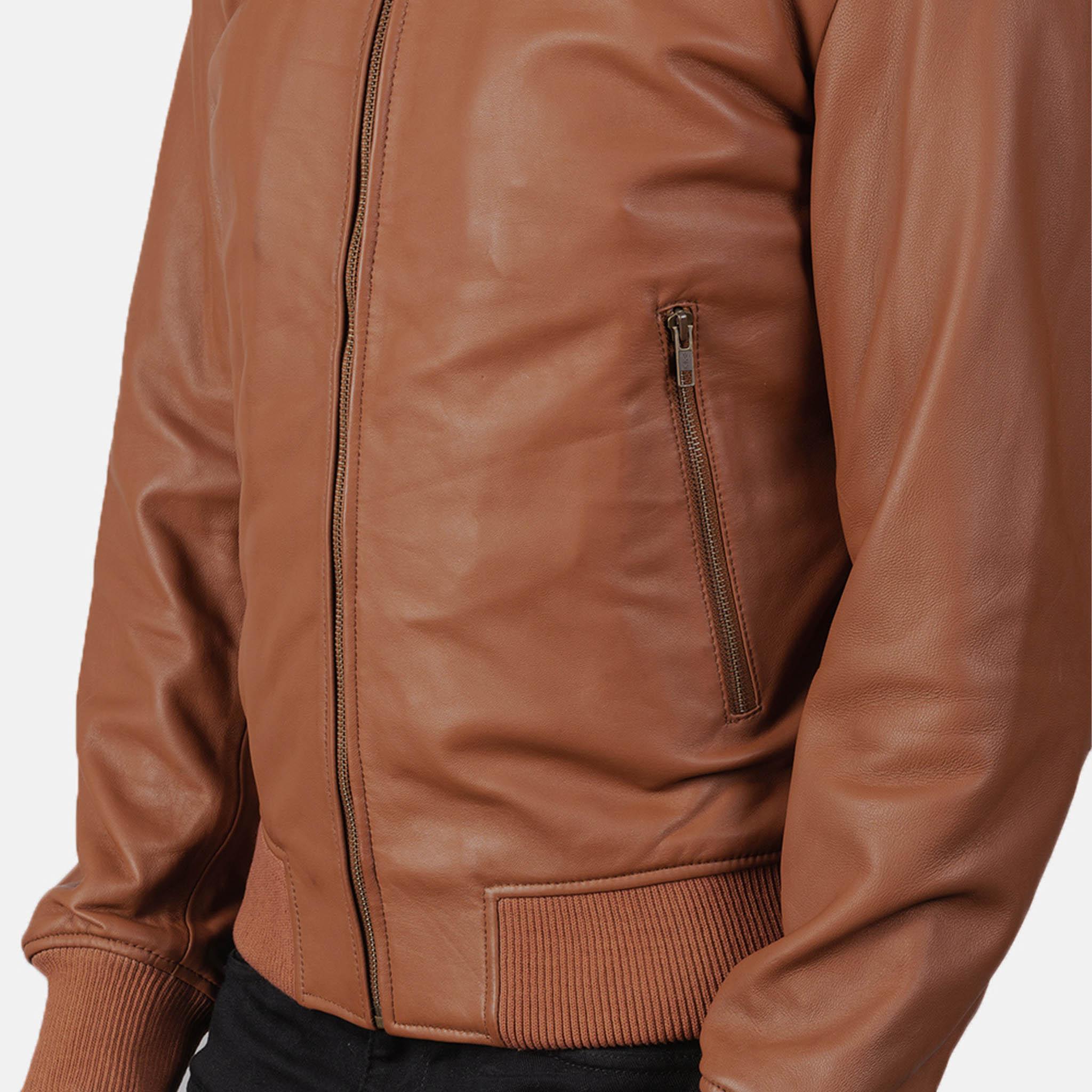 Rayne Men's Tan Brown Leather Bomber Jacket – Timeless and Elegant Design