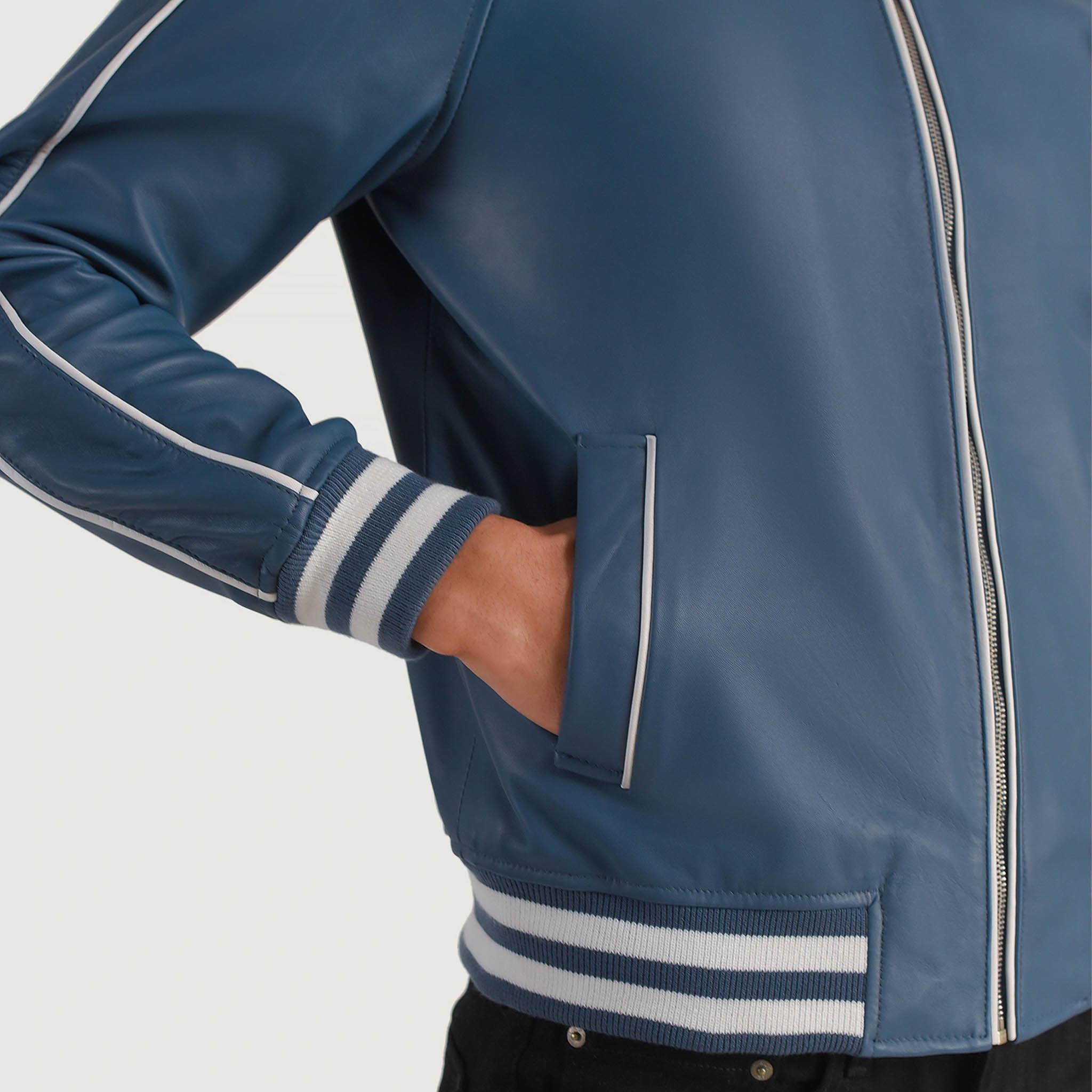 Connor Blue Leather Varsity Jacket – Classic College Letterman Tailored Fit