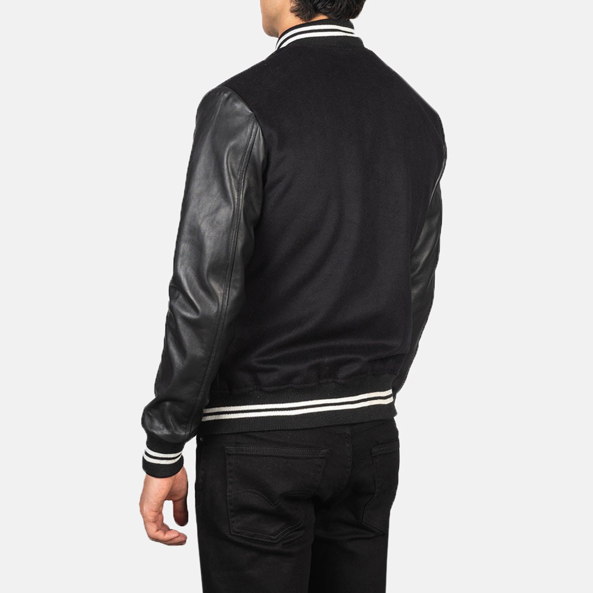 Baxton Varsity Jacket – Premium Black Wool & Leather Sleeves with Stripes