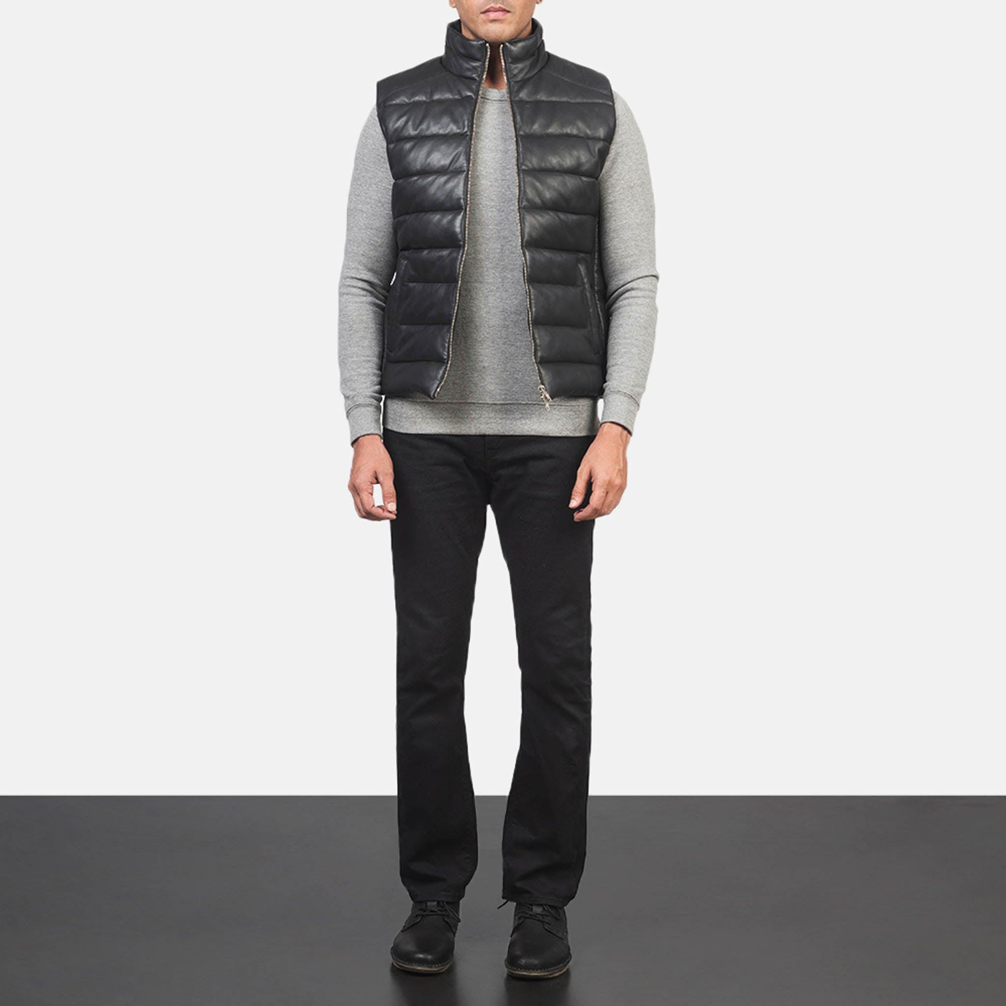 Reece Black Leather Puffer Vest for Men – Modern Warmth & Quilted Style - leathergang.com