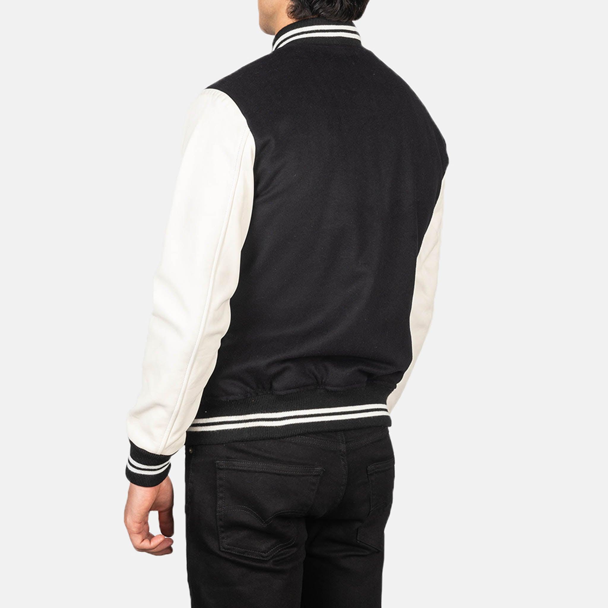 Black Striped Baxton Varsity Jacket – Wool Body with Leather Sleeves Letterman