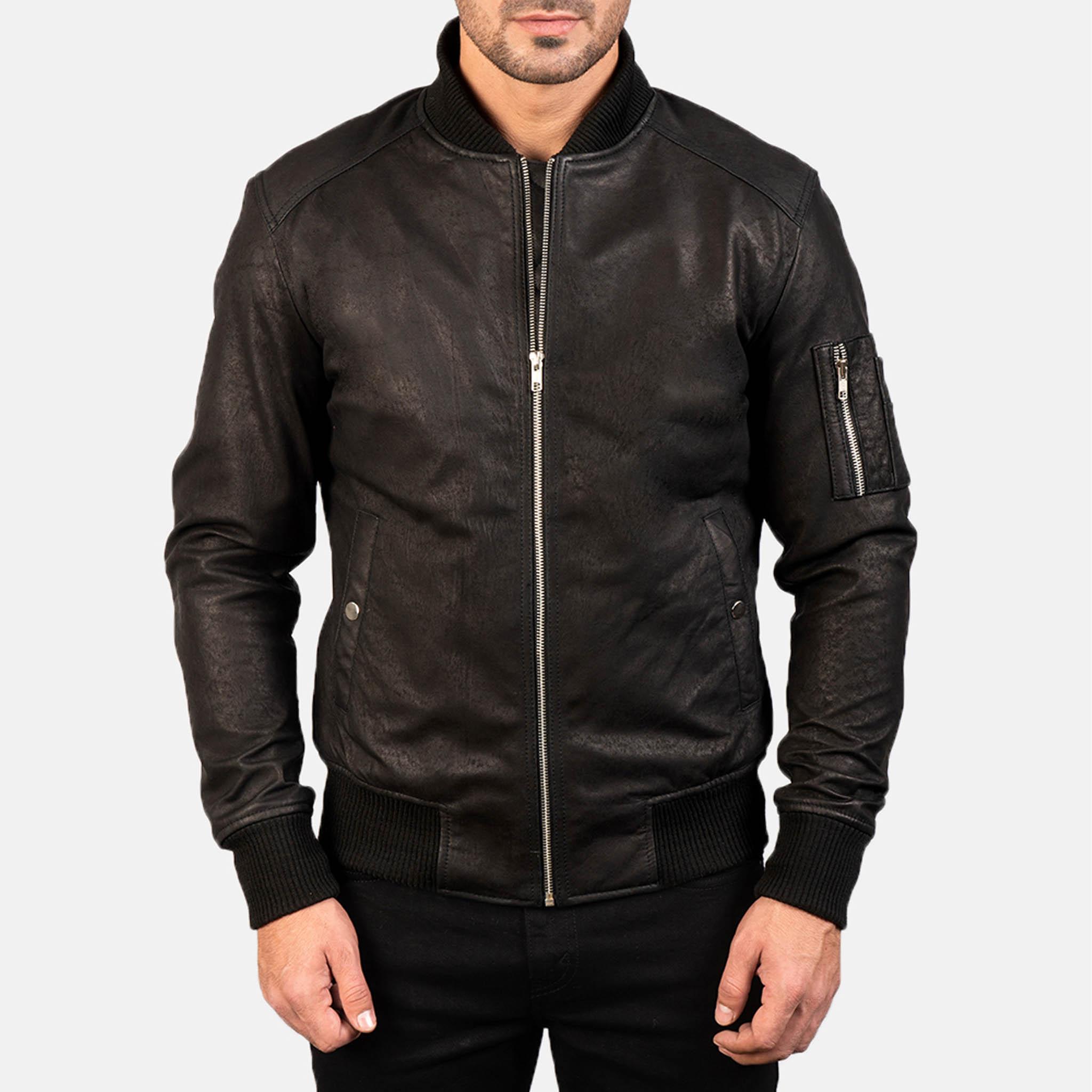 Allora MA-1 Bomber Jacket in Distressed Black Leather – Premium Effortless Style
