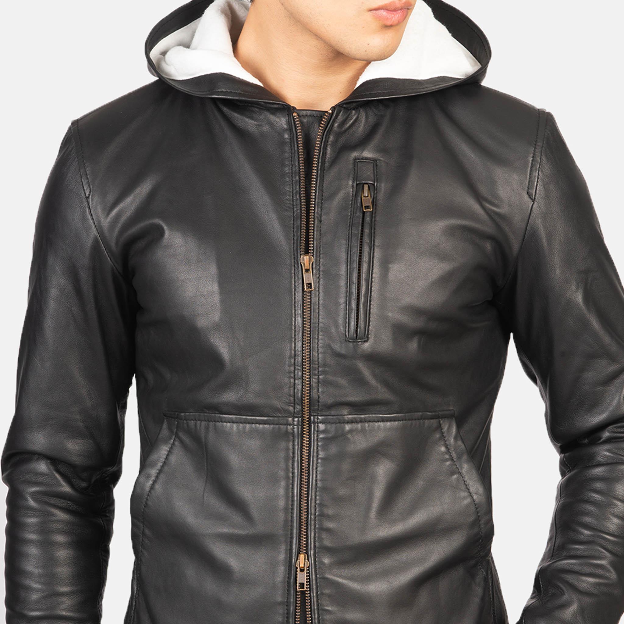 Men's Caston Black Leather Bomber Jacket with Hood – Classic Style