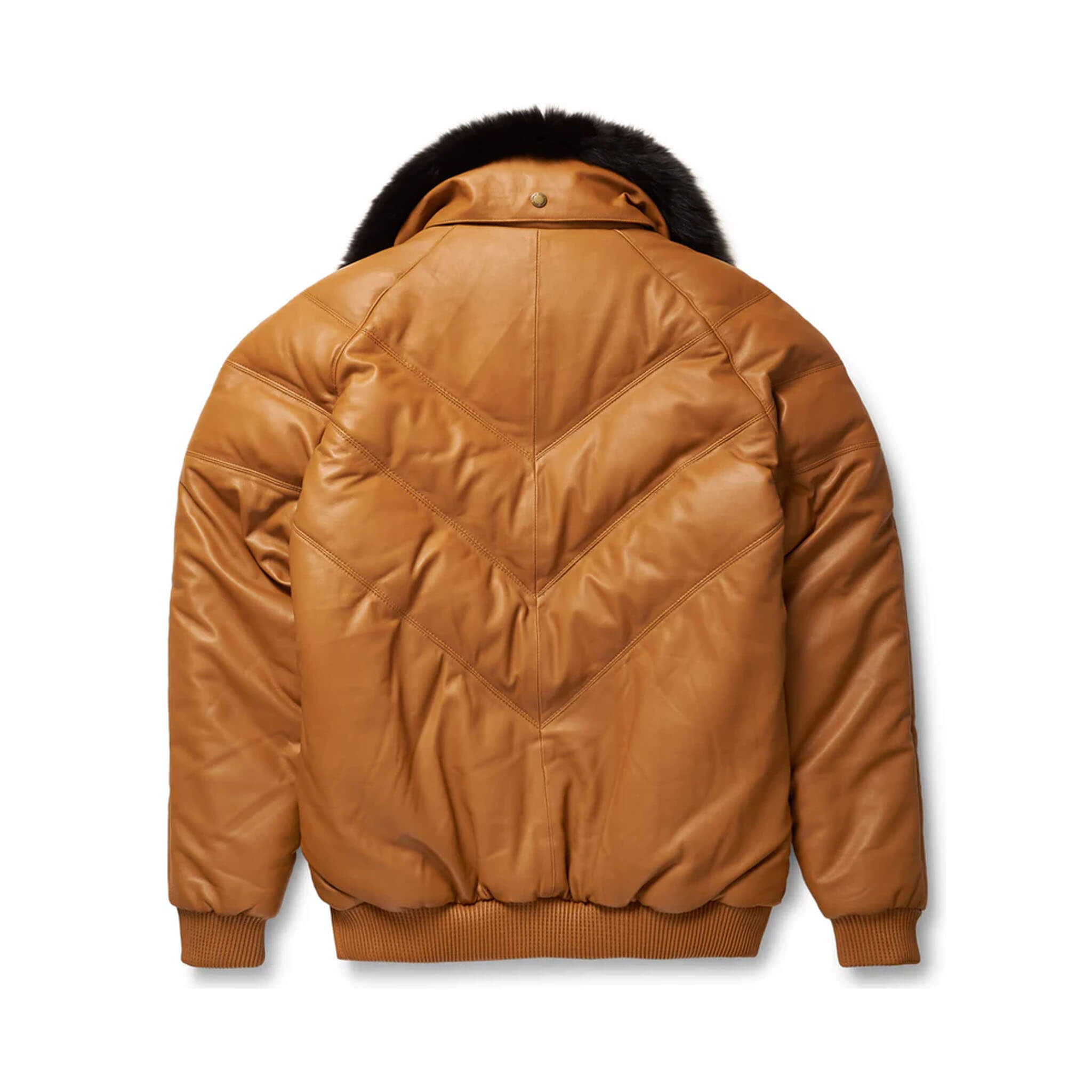 Men’s luxury camel leather V-bomber jacket made from premium lambskin with detachable fox fur collar and goose down insulation.