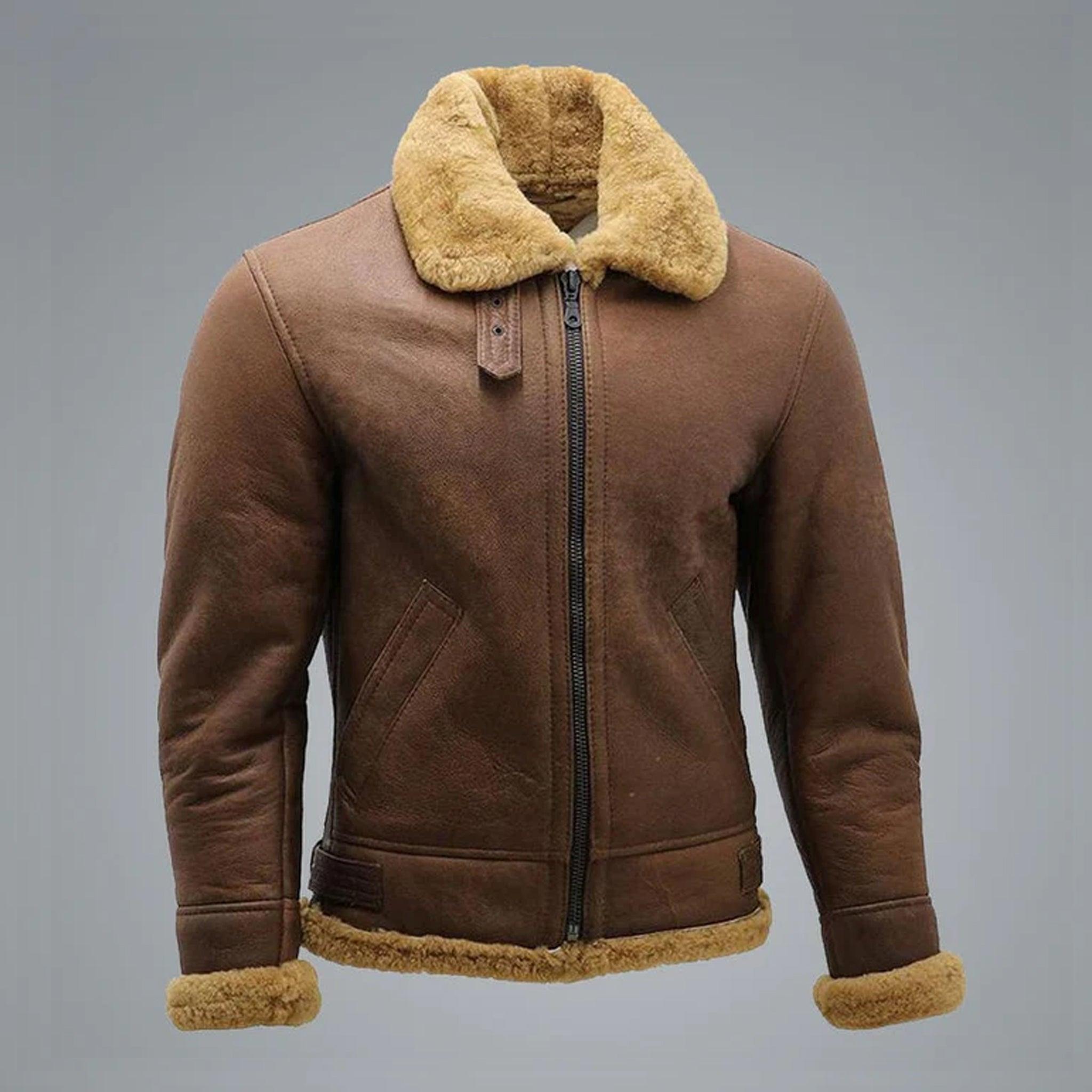 WW2 B3 Bomber Leather Aviator Jacket – Men’s Brown Sheepskin Shearling Jacket