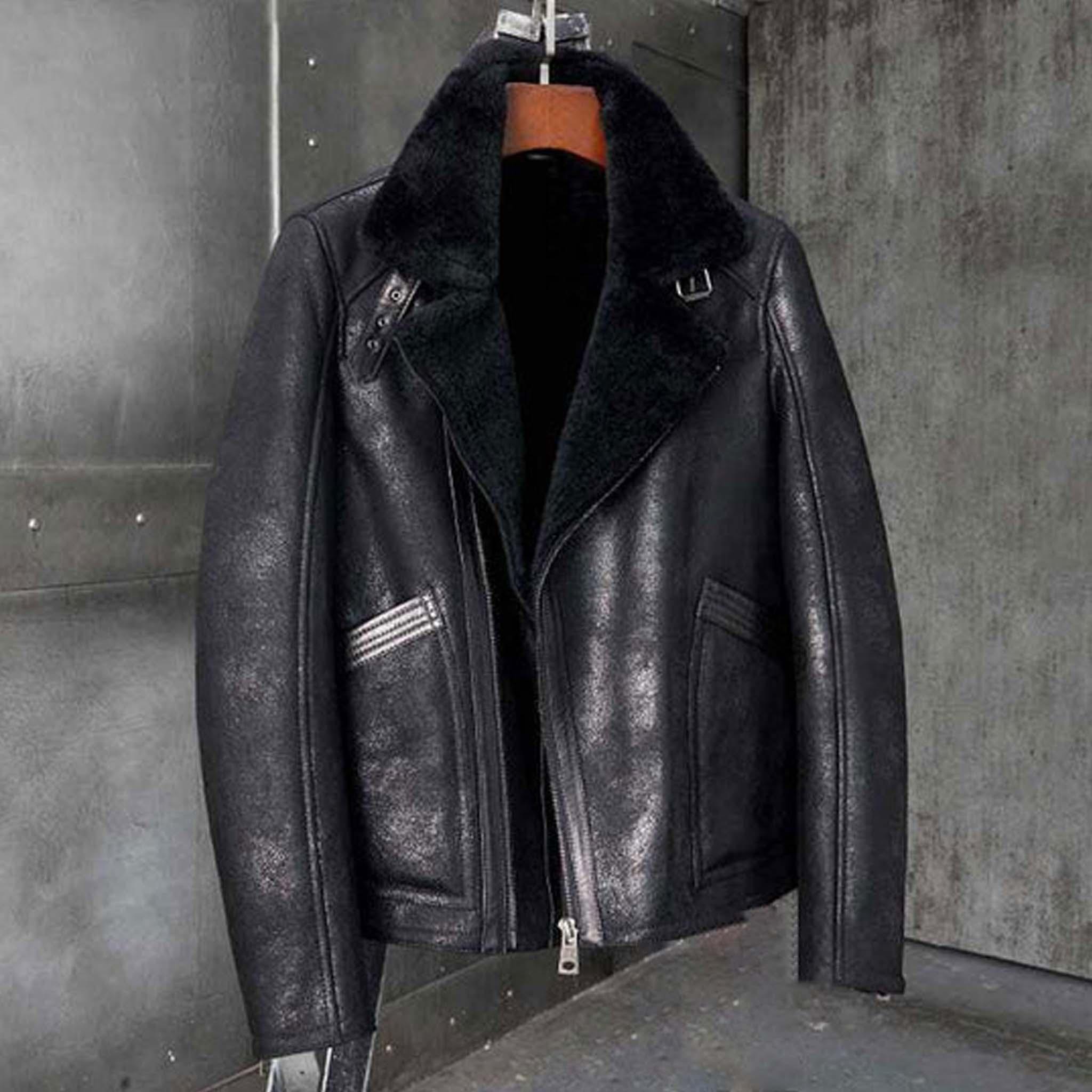 Elvrix B3 Bomber Motorcycle Jacket - Black Sheepskin RAF Shearling Leather Coat - leathergang.com