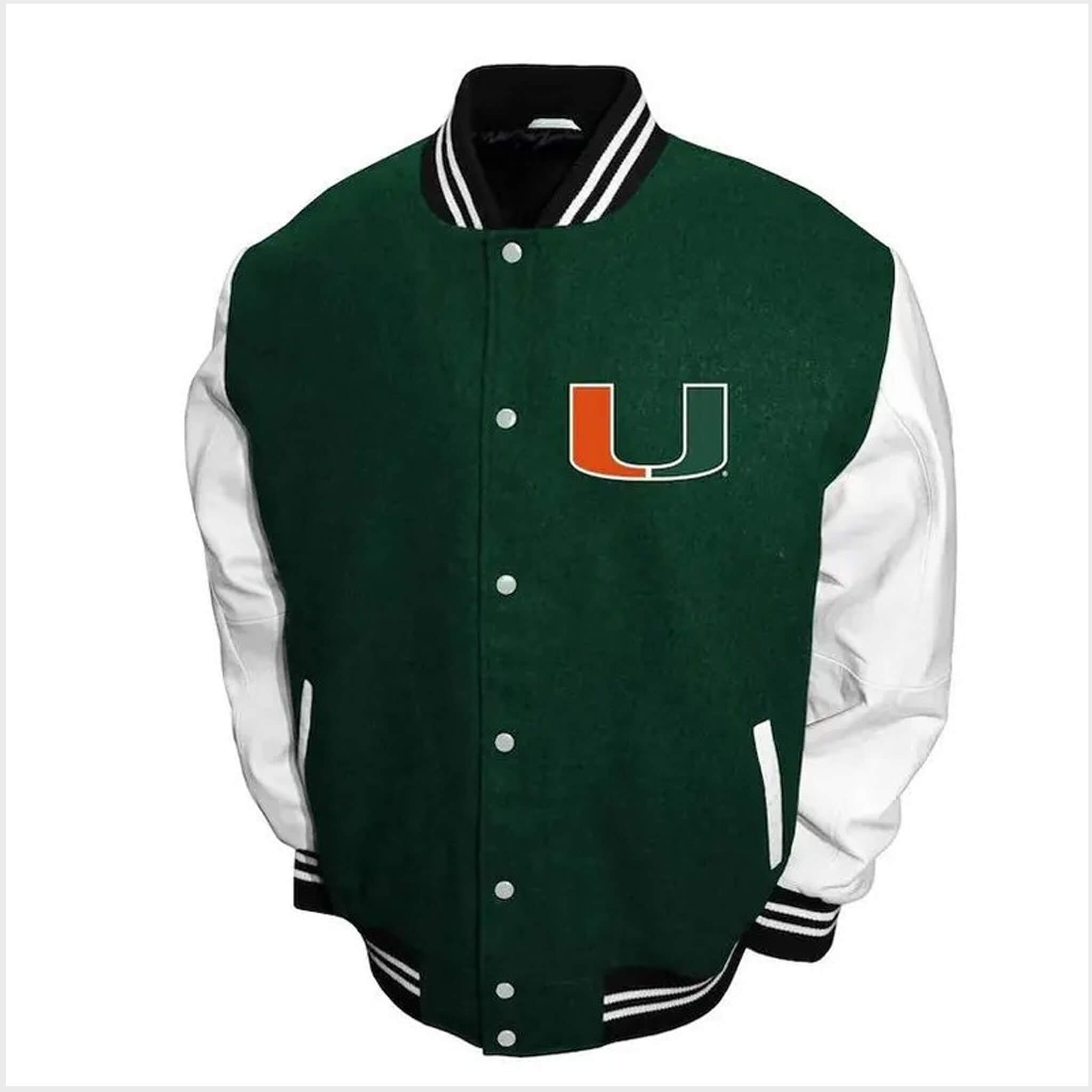 Miami Hurricanes green and white letterman varsity jacket with genuine leather sleeves, rib-knit trim, and classic collegiate design.