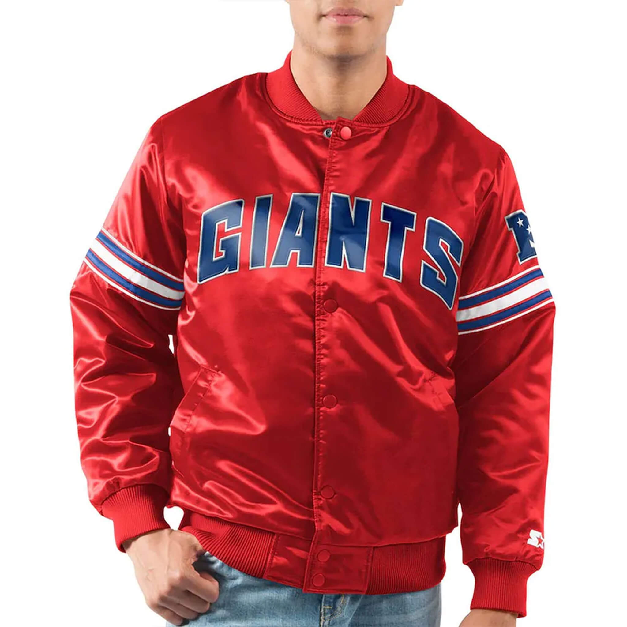 NY Giants Red Satin Bomber – NFL Legacy Varsity Jacket