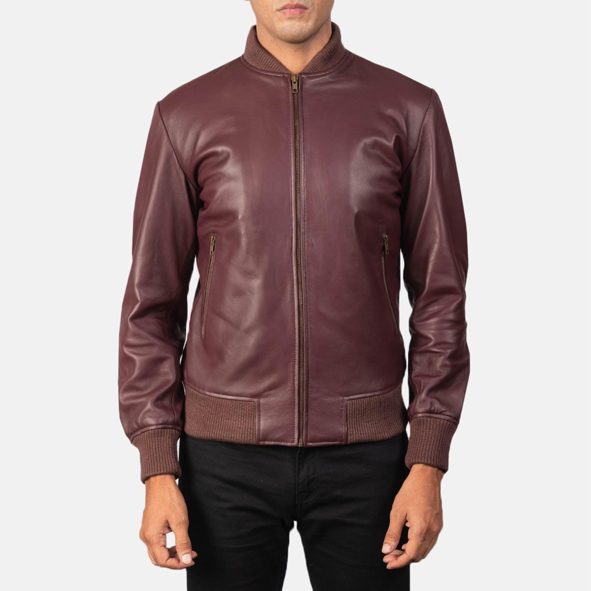Rayne Maroon Leather Bomber Jacket for Men – Classic Style and Modern Fit