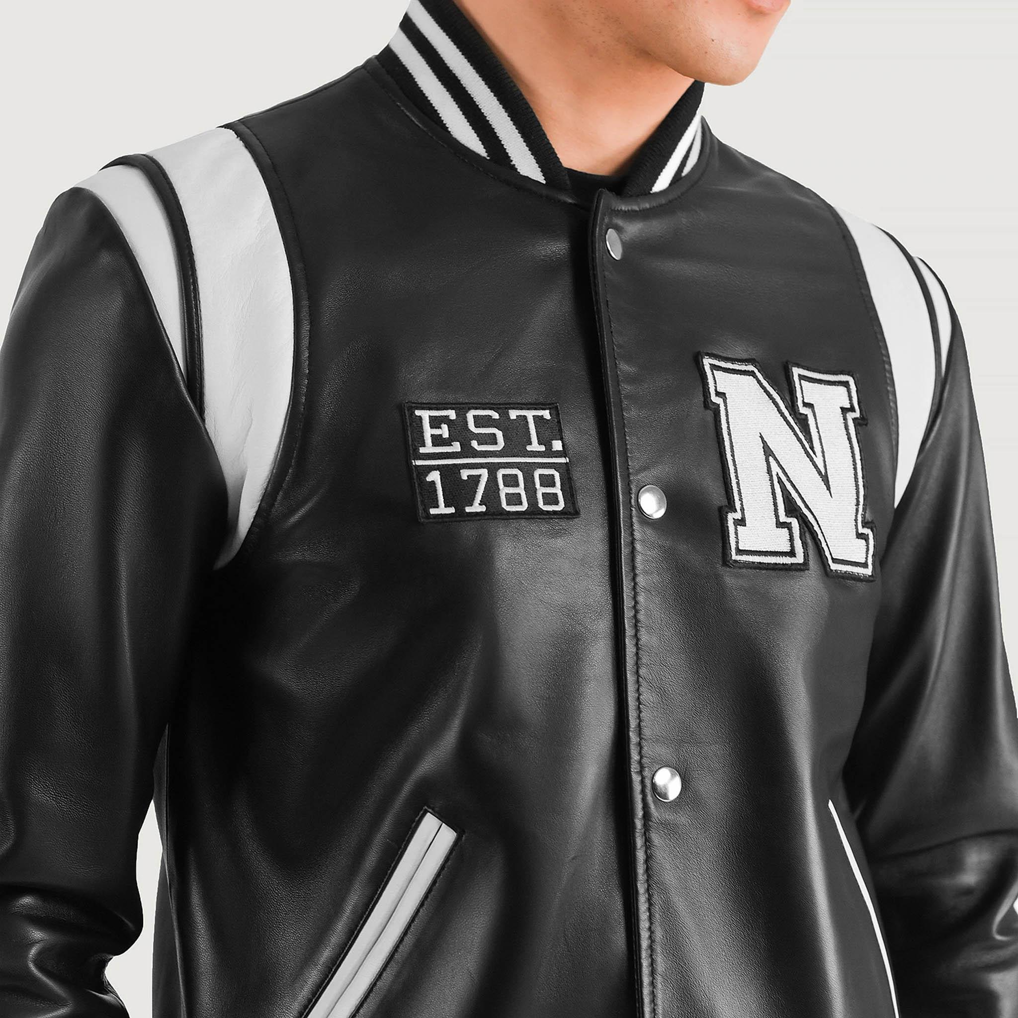 Hazel New York Black Leather Varsity Jacket – College Letterman Baseball Style