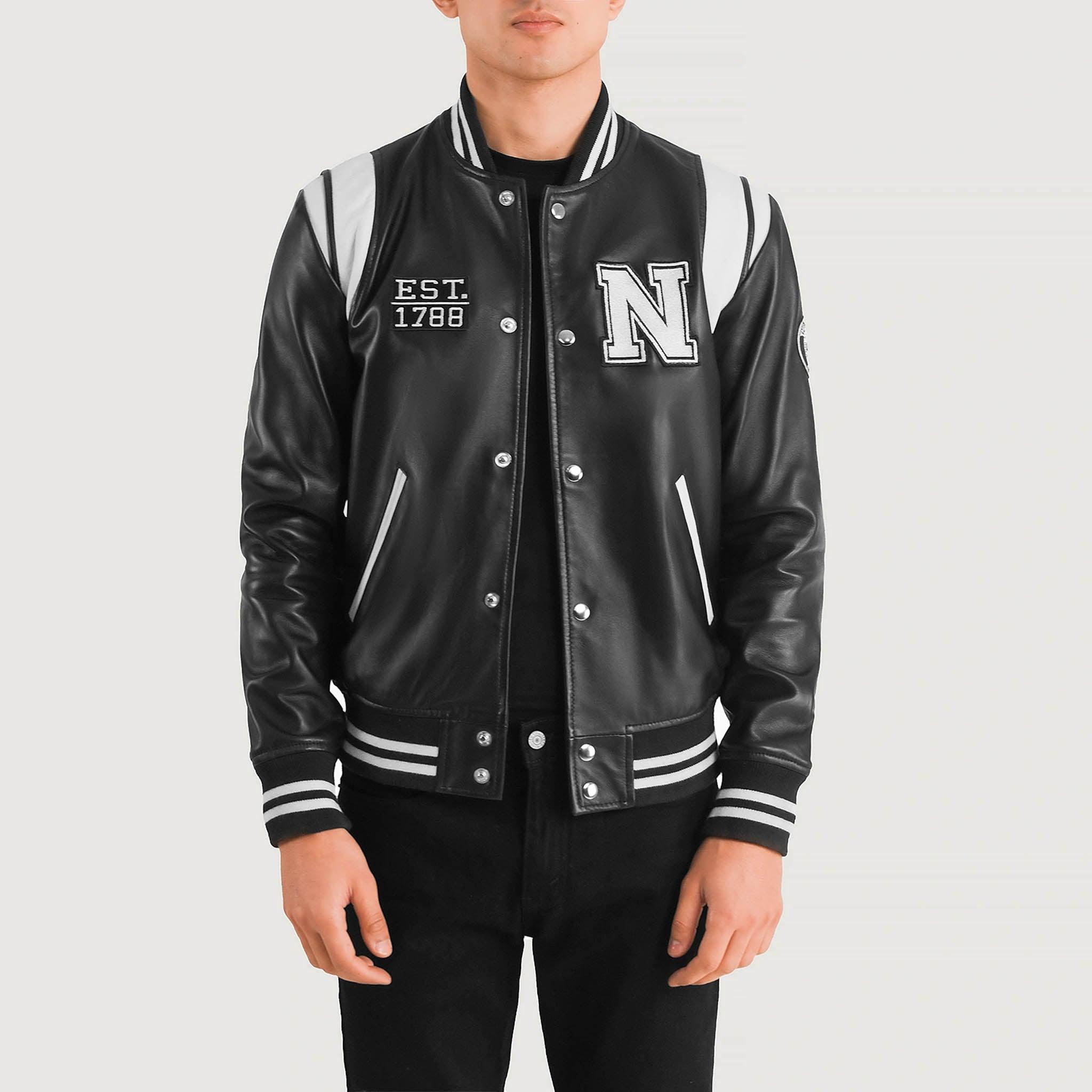 Hazel New York Black Leather Varsity Jacket – College Letterman Baseball Style