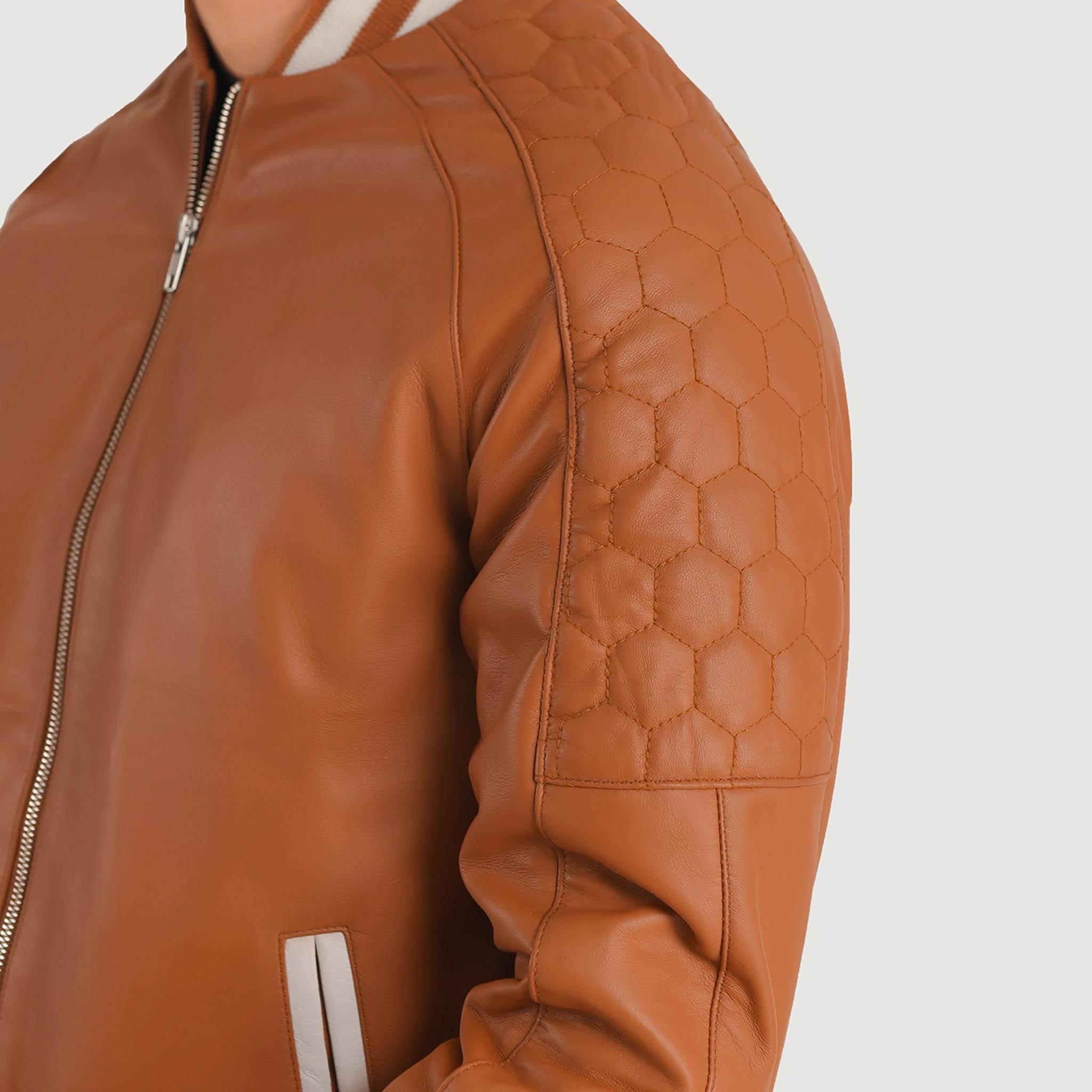 Felix Varsity Jacket in Genuine Gold Brown Leather – Perfect for Custom Embroidery