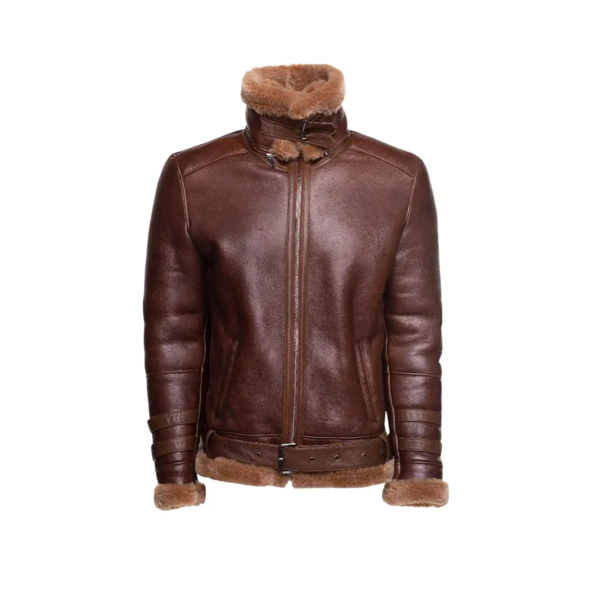 “Phan’s Brown Shearling Aviator Bomber Jacket with Waist Belt – Premium Leather Jacket with Fur Collar and Shearling Lining”