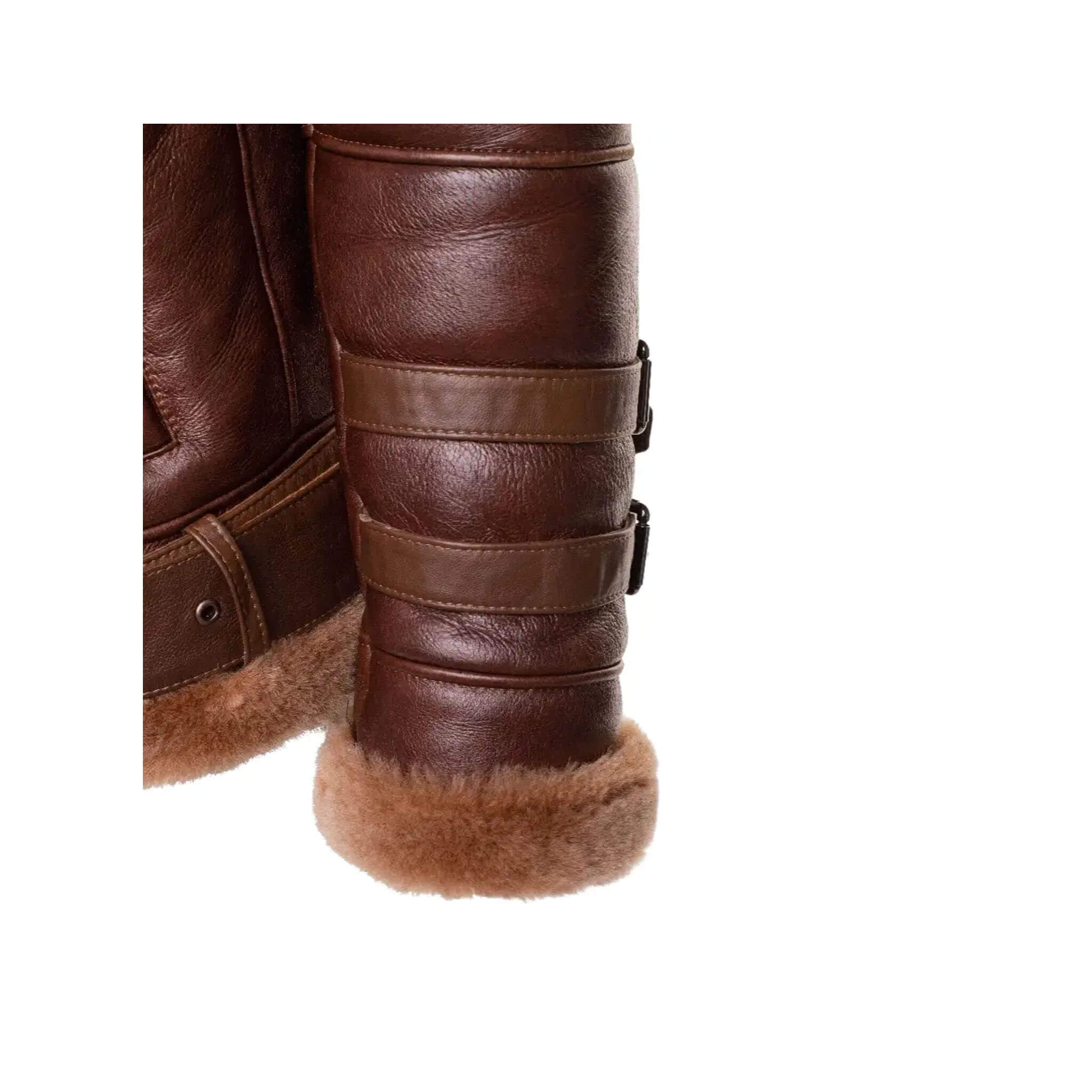 “Phan’s Brown Shearling Aviator Bomber Jacket with Waist Belt – Premium Leather Jacket with Fur Collar and Shearling Lining”