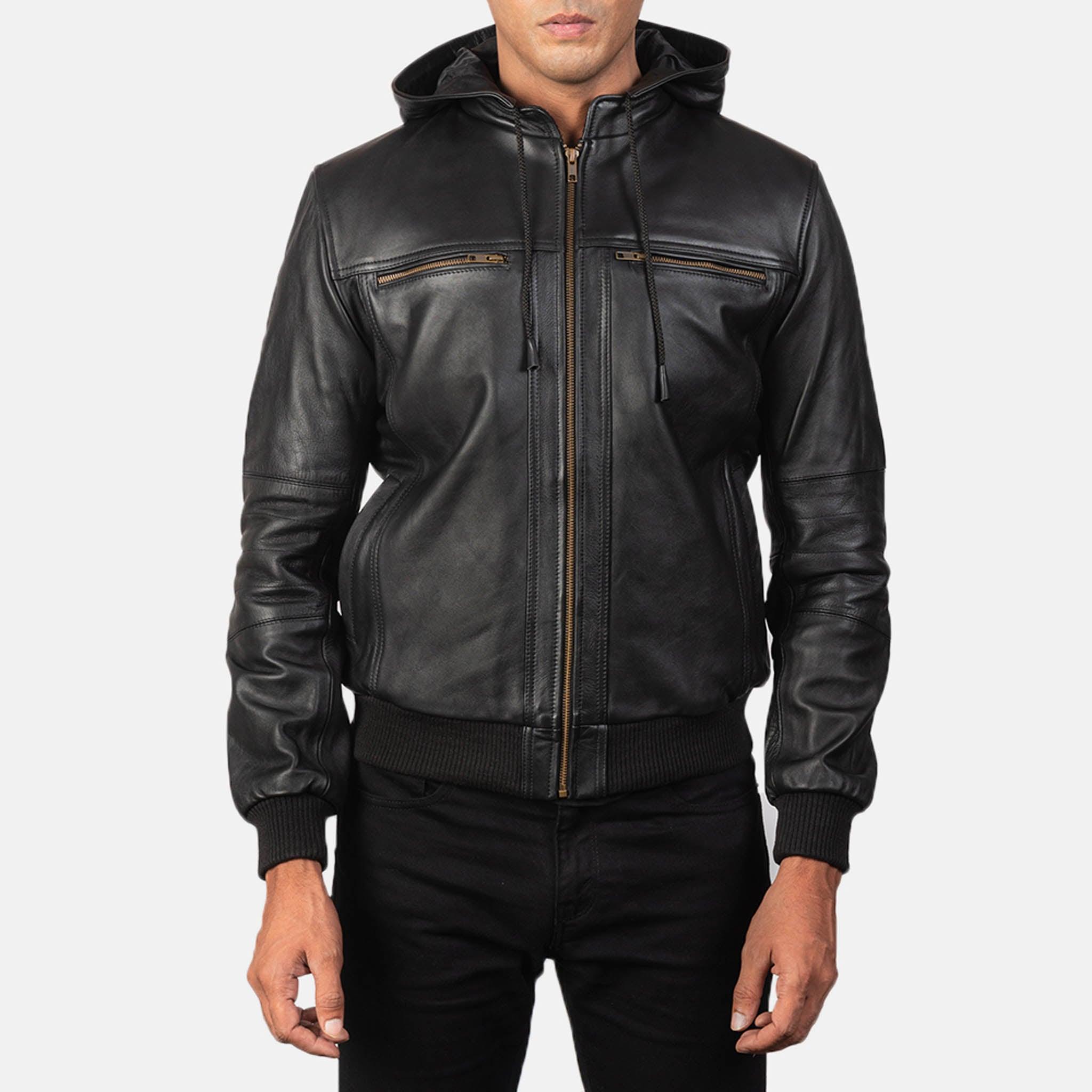 Boaster Men's Black Leather Bomber Jacket with Removable Hood - leathergang.com