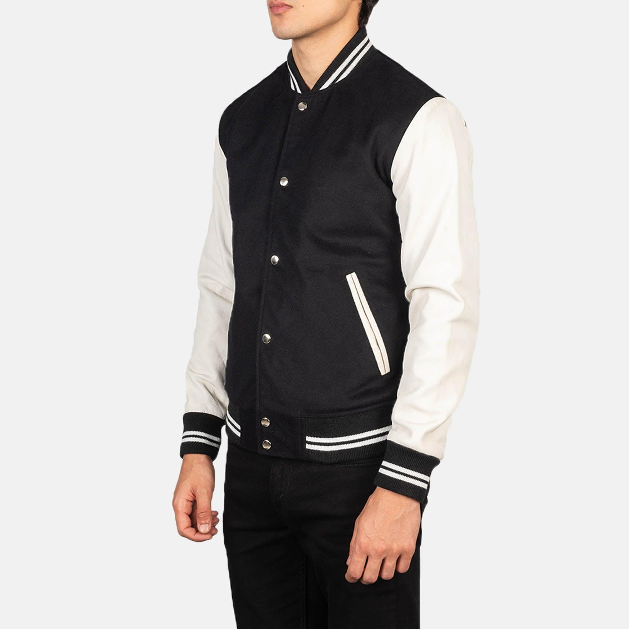 Black Striped Baxton Varsity Jacket – Wool Body with Leather Sleeves Letterman