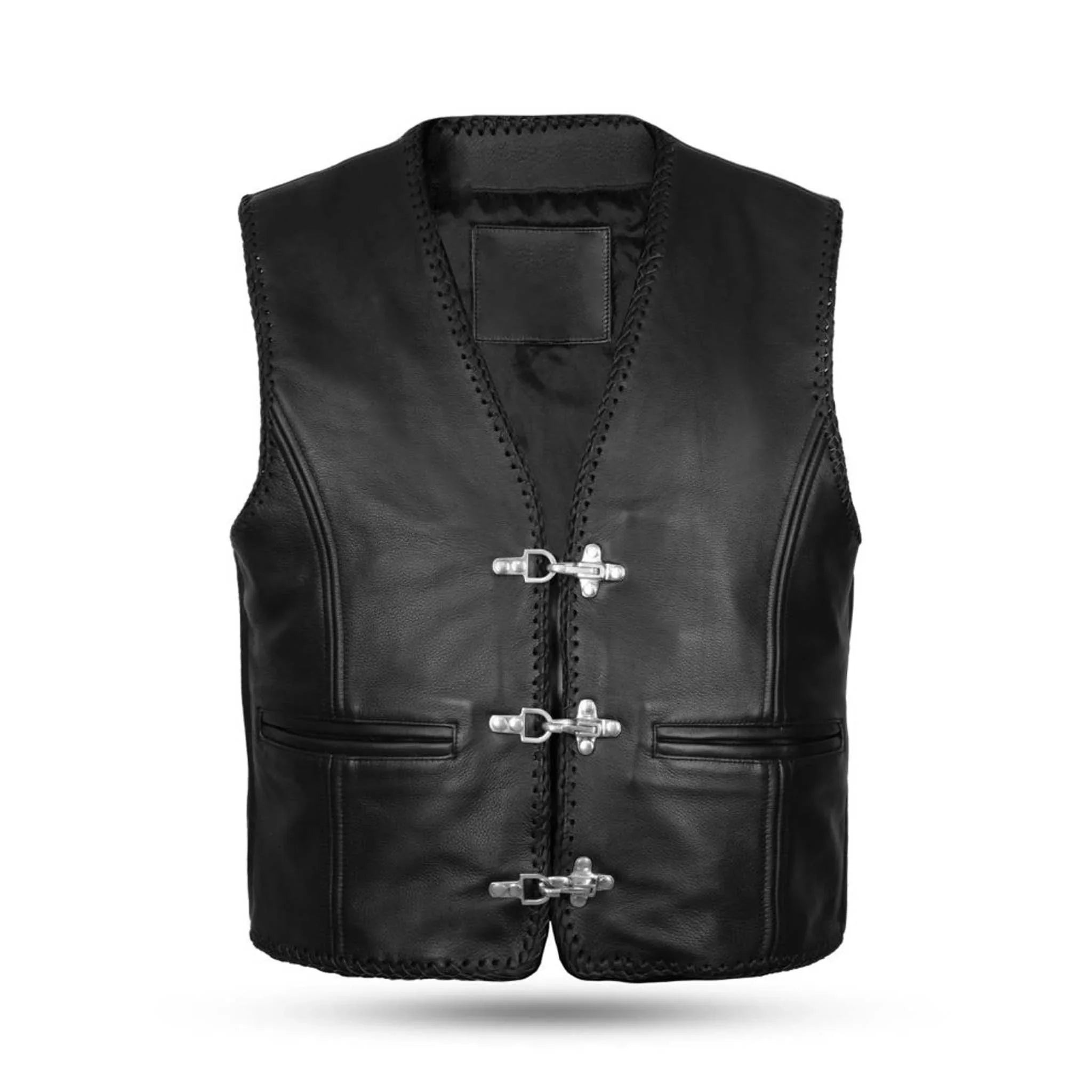 Premium Leather Waistcoat for Men with Fish Hook Fasteners & Brass Zipper – Stylish Motorcycle Vest
