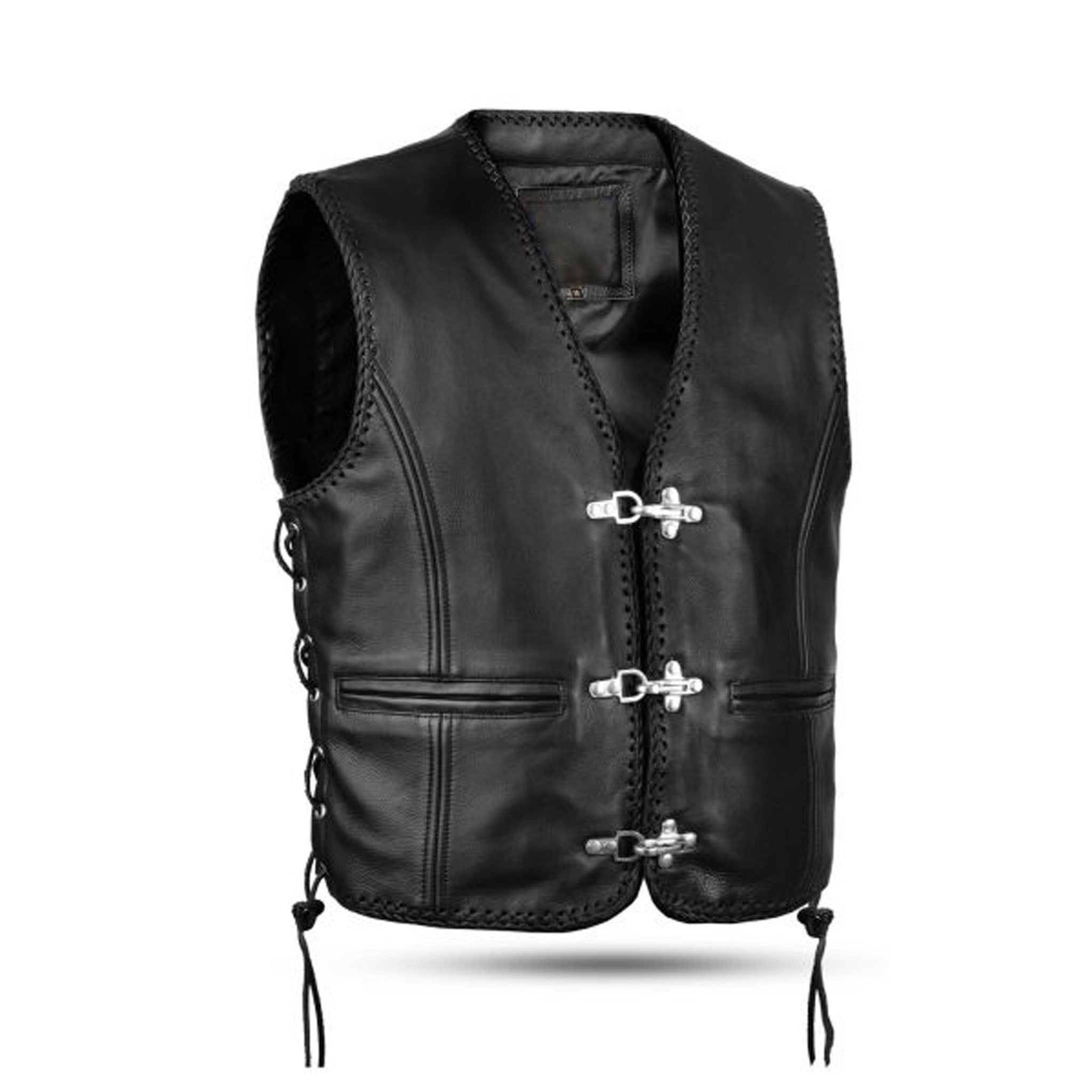 Leather Biker Vest Waistcoat with Side Laces & Fish Hook Design - Short Body Motorcycle Vest