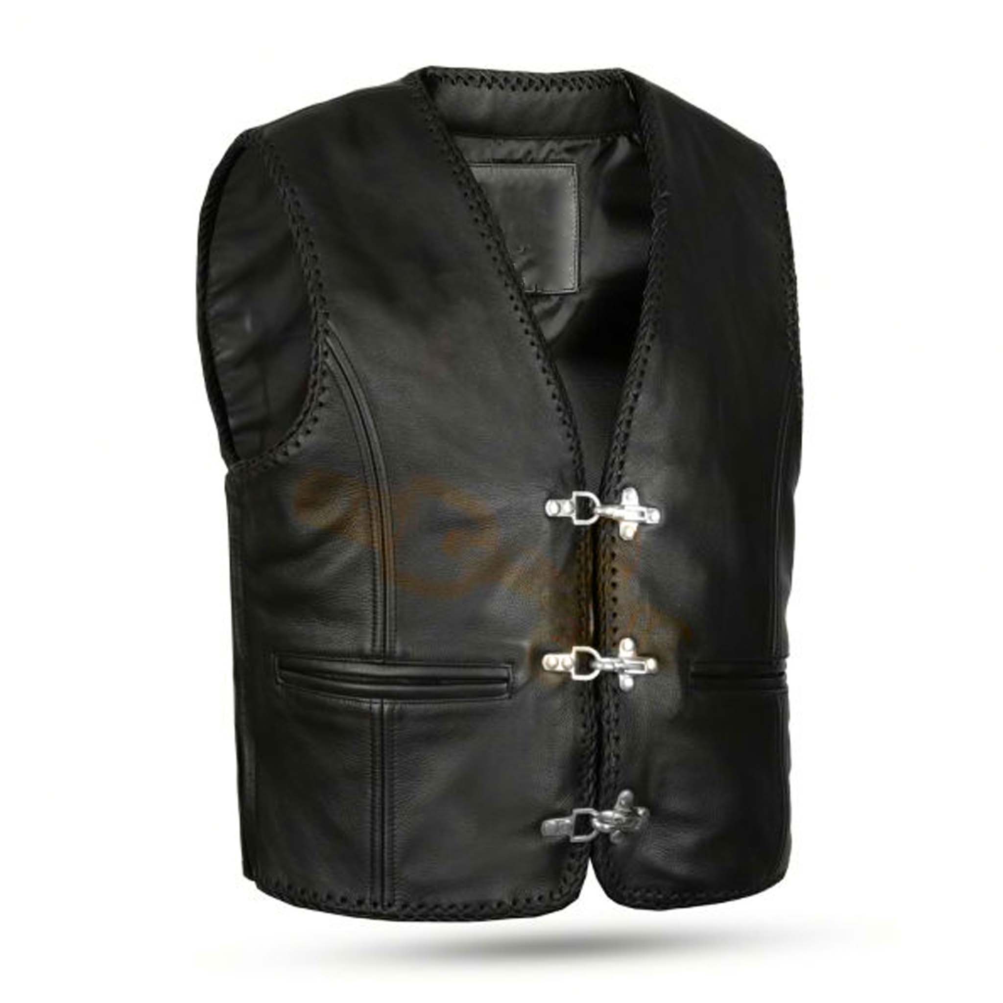 Premium Leather Waistcoat for Men with Fish Hook Fasteners & Brass Zipper – Stylish Motorcycle Vest