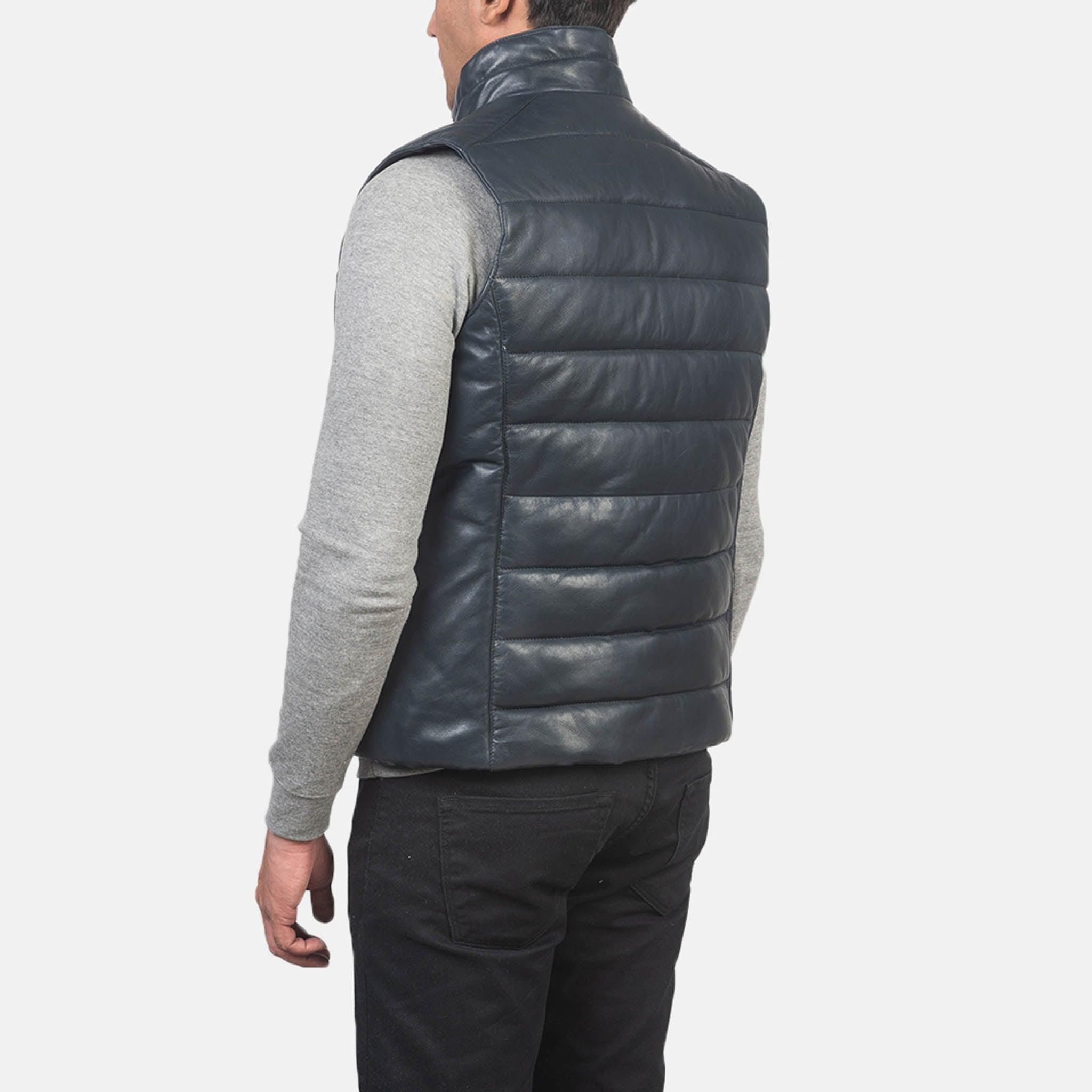 Men’s Reece Blue Leather Puffer Vest – Stylish Quilted Warmth