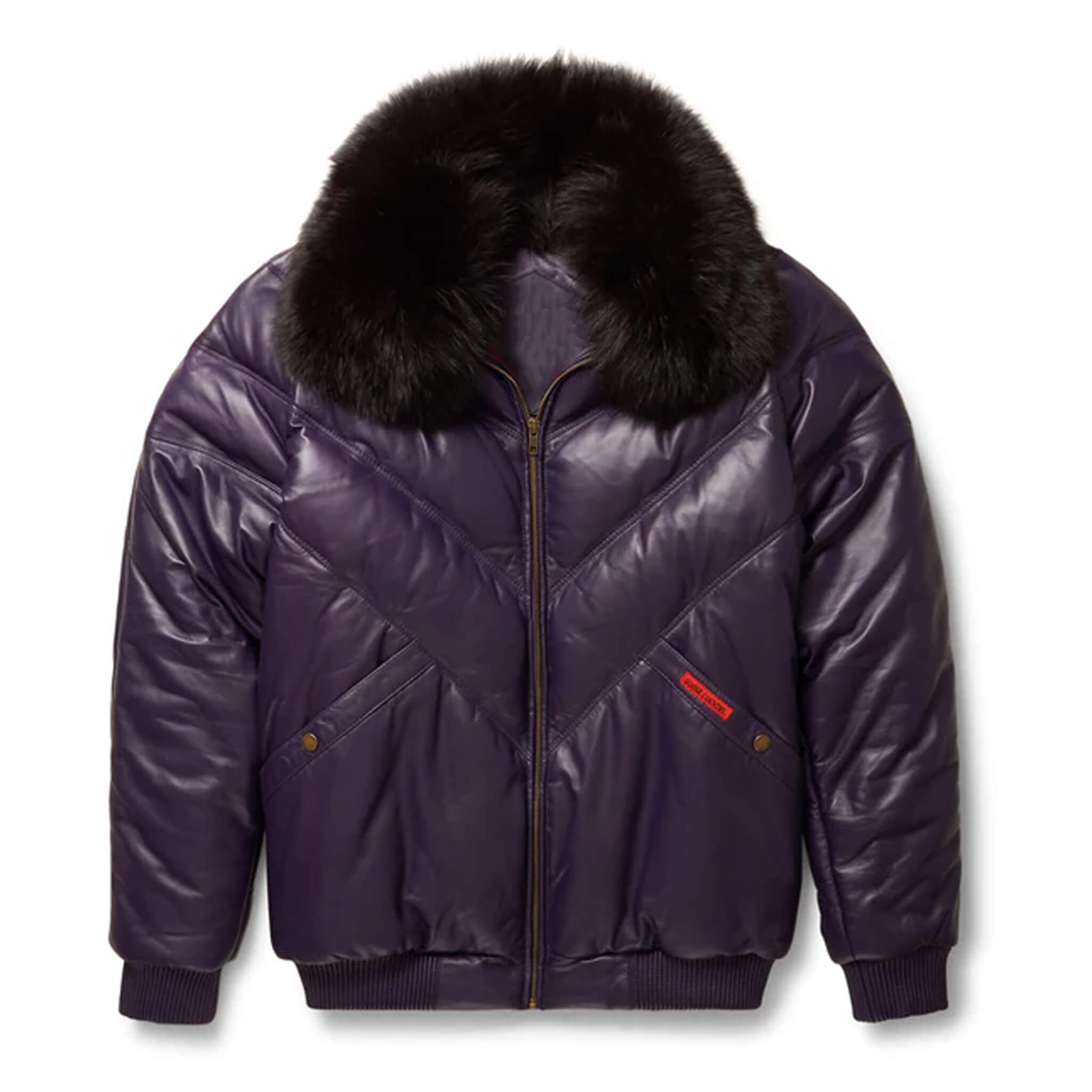 Sleek purple leather bomber jacket featuring a classic zip-front design and ribbed cuffs for a modern, edgy look.