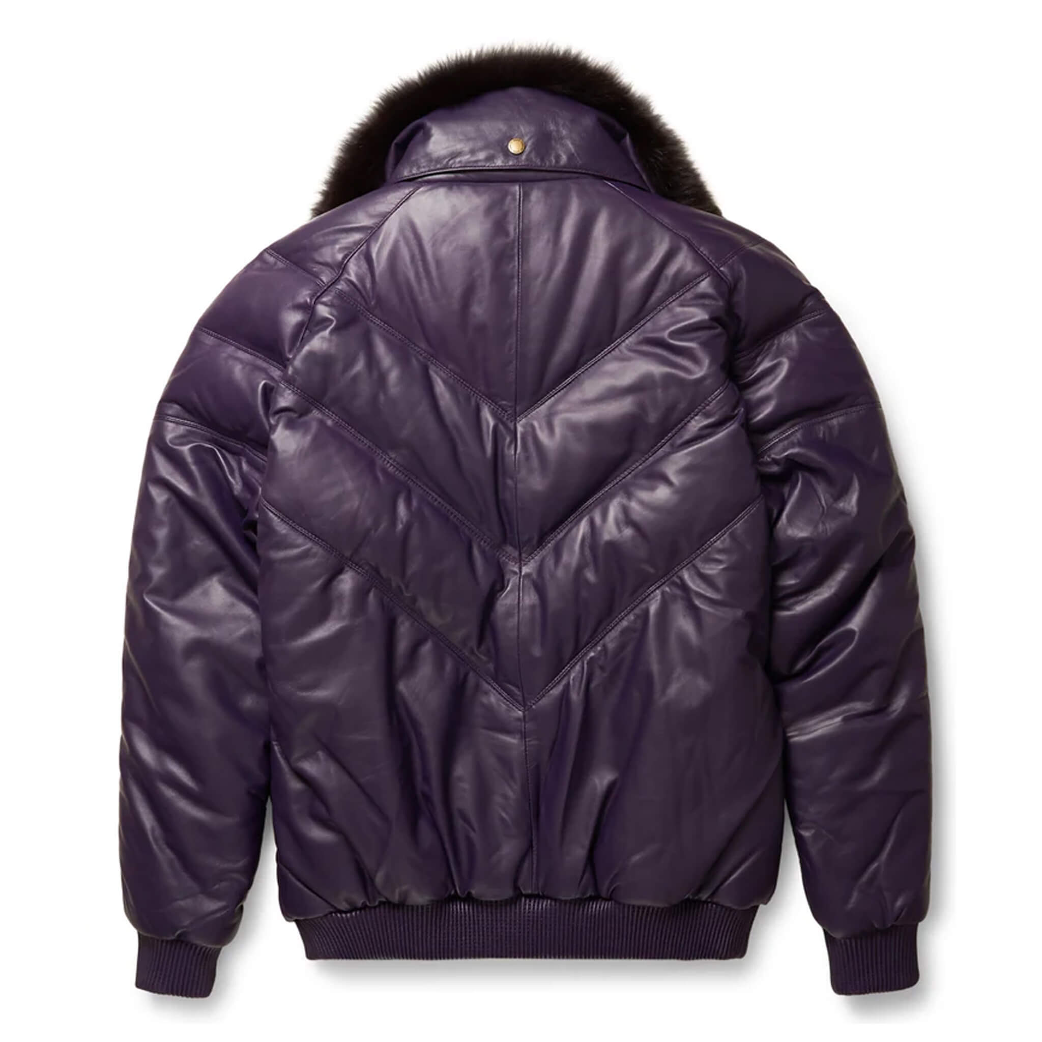 Sleek purple leather bomber jacket featuring a classic zip-front design and ribbed cuffs for a modern, edgy look.