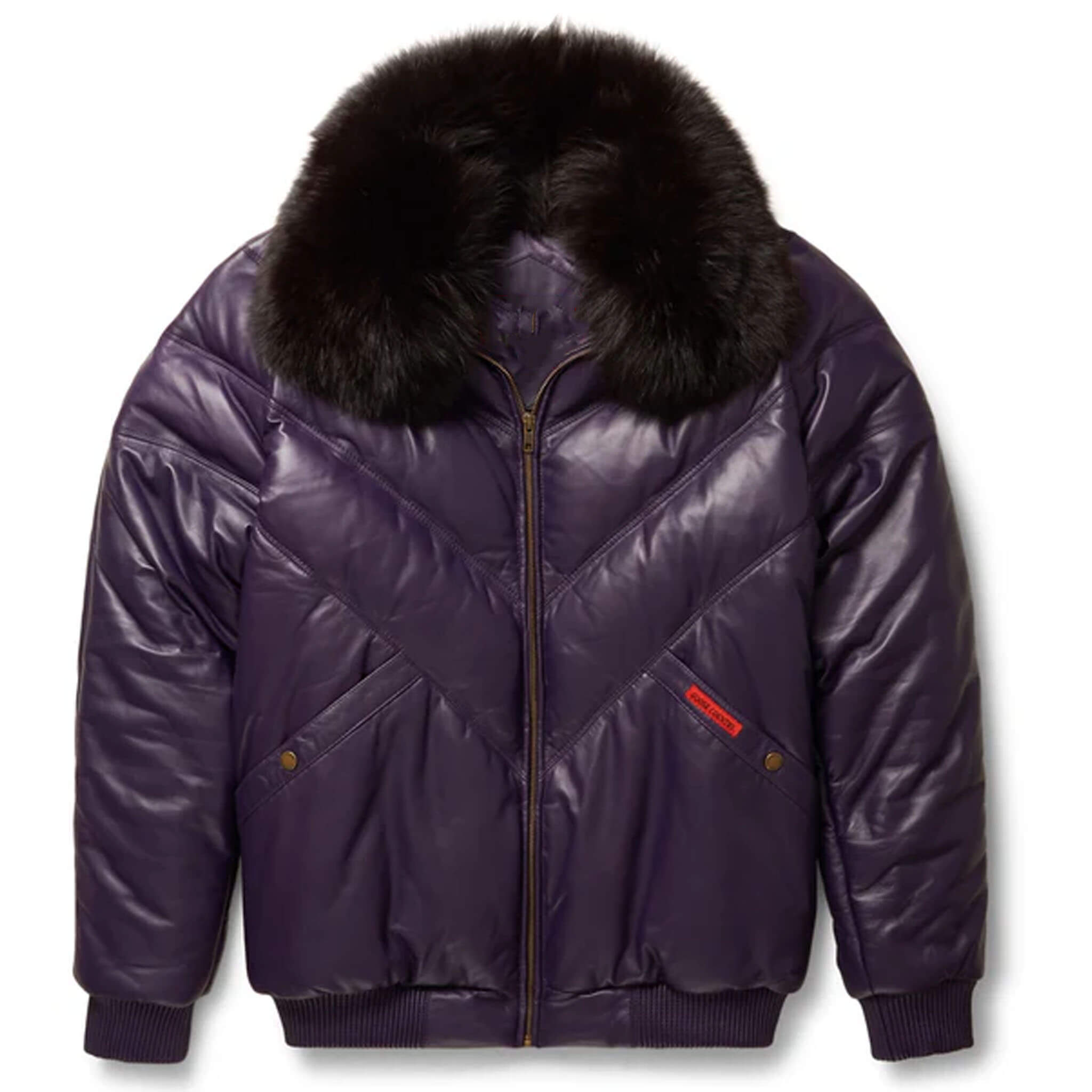 Front view of unisex leather V-Bomber jacket featuring chevron quilted design and luxury lambskin finish