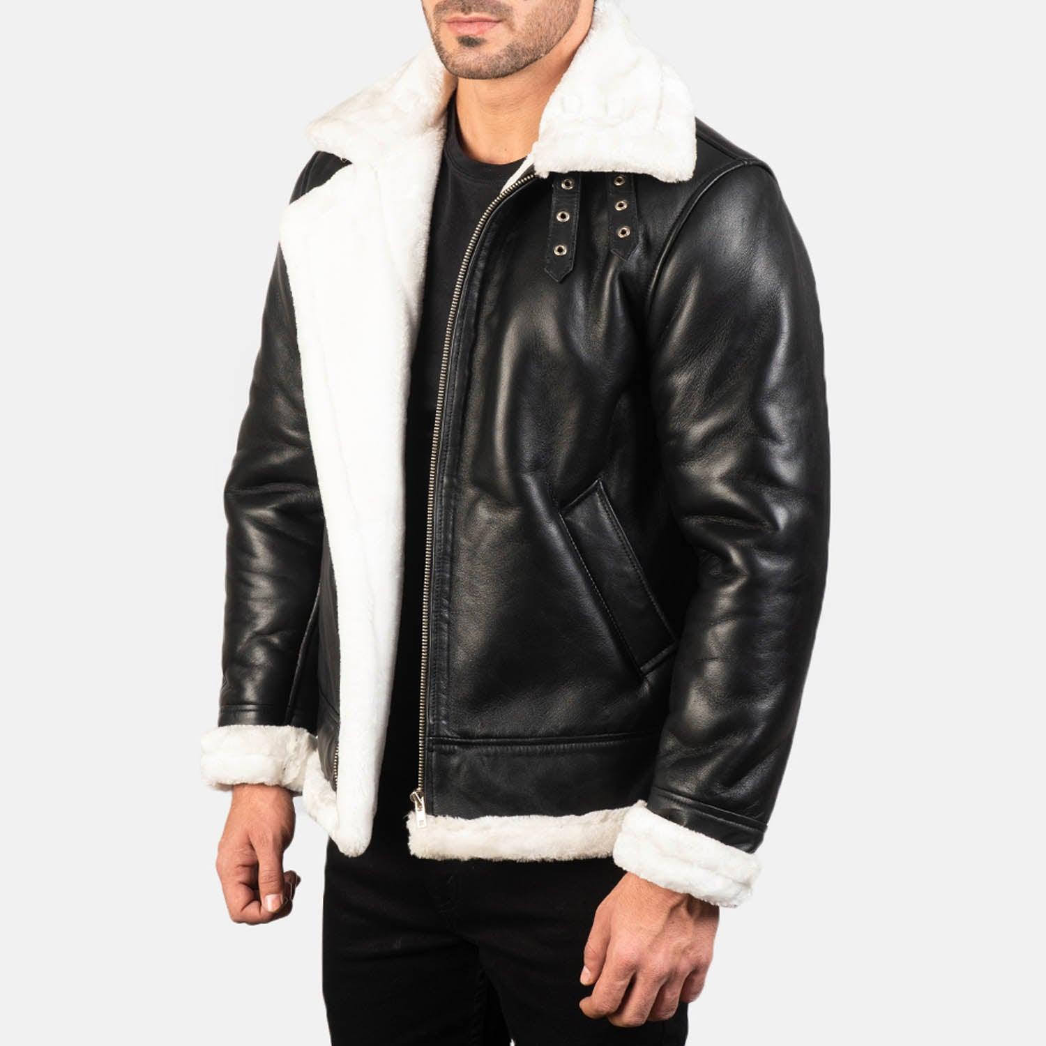 Frances B3 Leather Aviator Jacket – Black & White Shearling Bomber for Men - leathergang.com