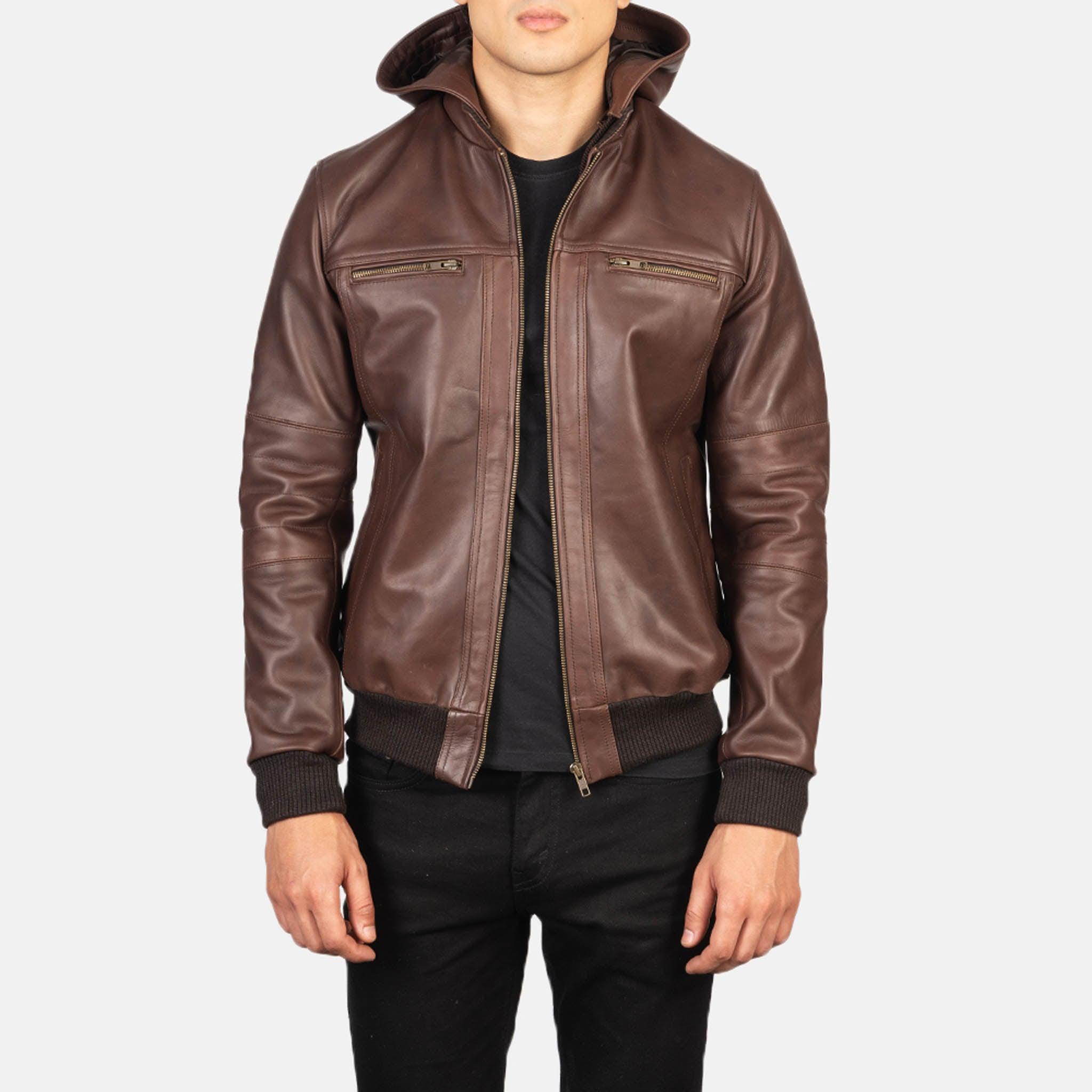 Boaster Brown Leather Bomber Jacket with Hood – Classic Design - leathergang.com