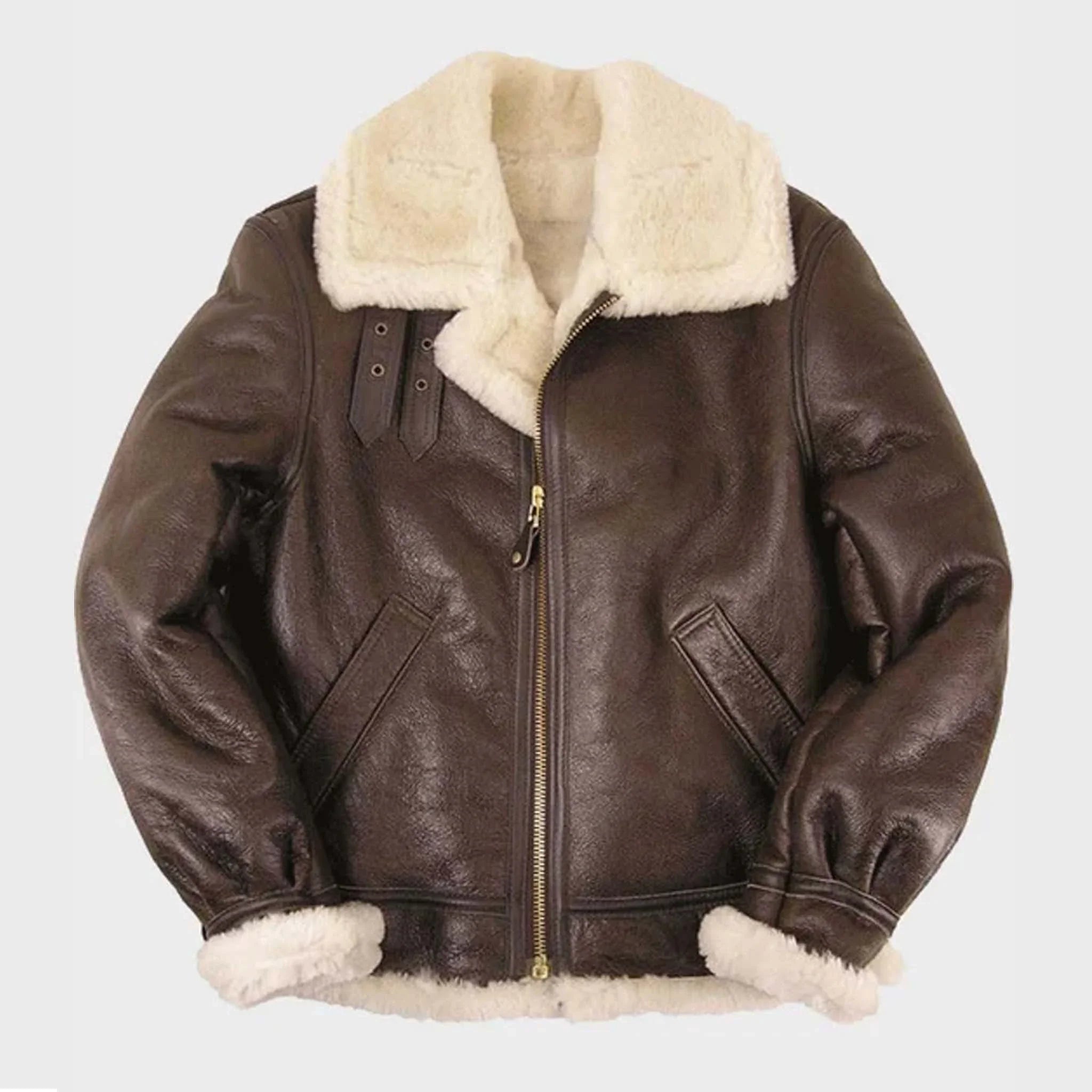Wolfen Men’s B3 RAF Bomber Jacket - Brown Sheepskin Leather Aviator Coat - leathergang.com