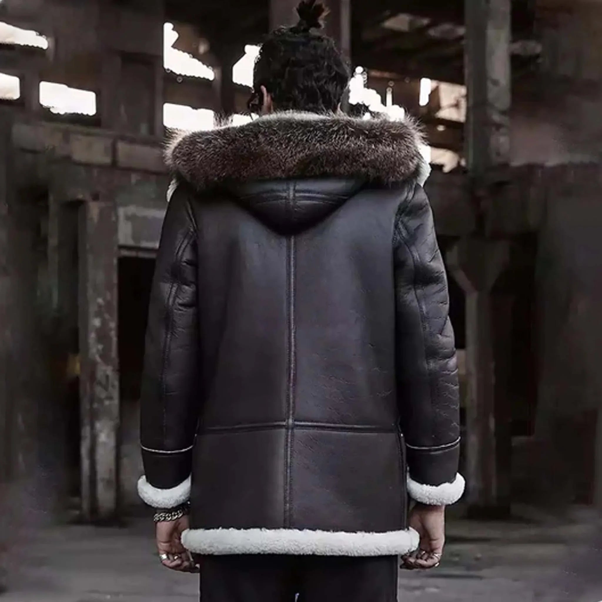 Ironix B3 Bomber Leather Jacket - Men’s Hooded Shearling Long Brown Overcoat - leathergang.com