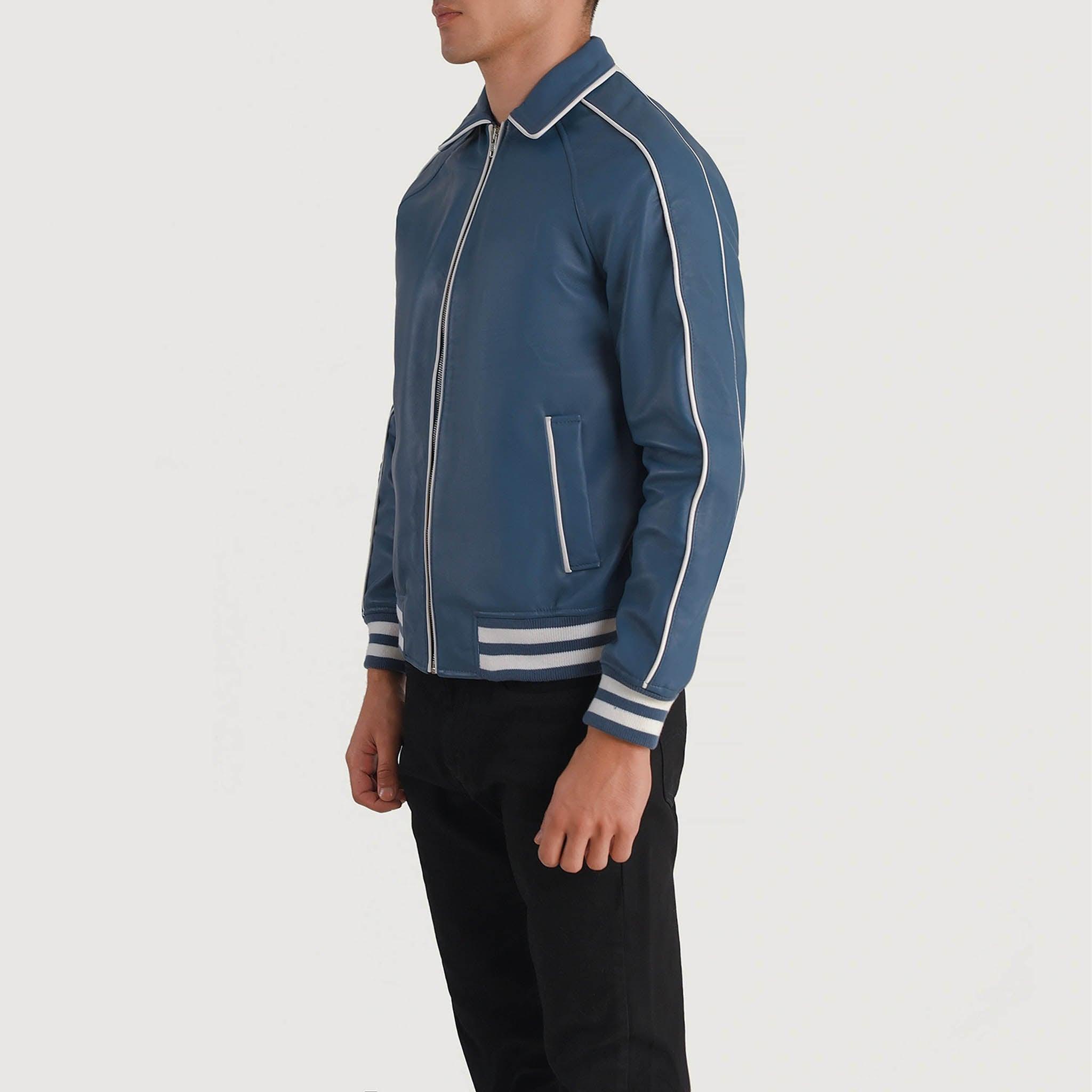 Connor Blue Leather Varsity Jacket – Classic College Letterman Tailored Fit - leathergang.com