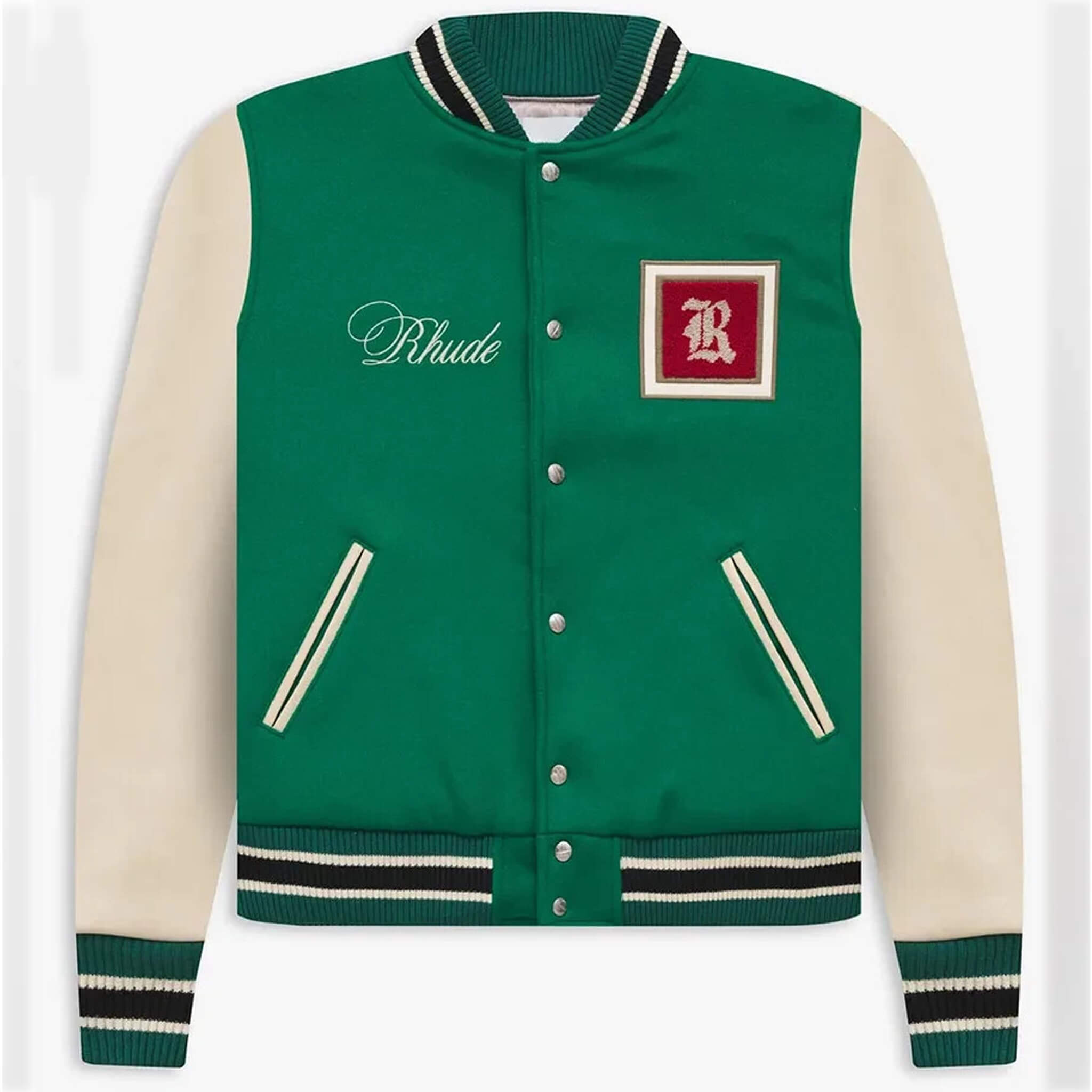 Rhude Classic Green & Cream Varsity Letterman Wool Jacket