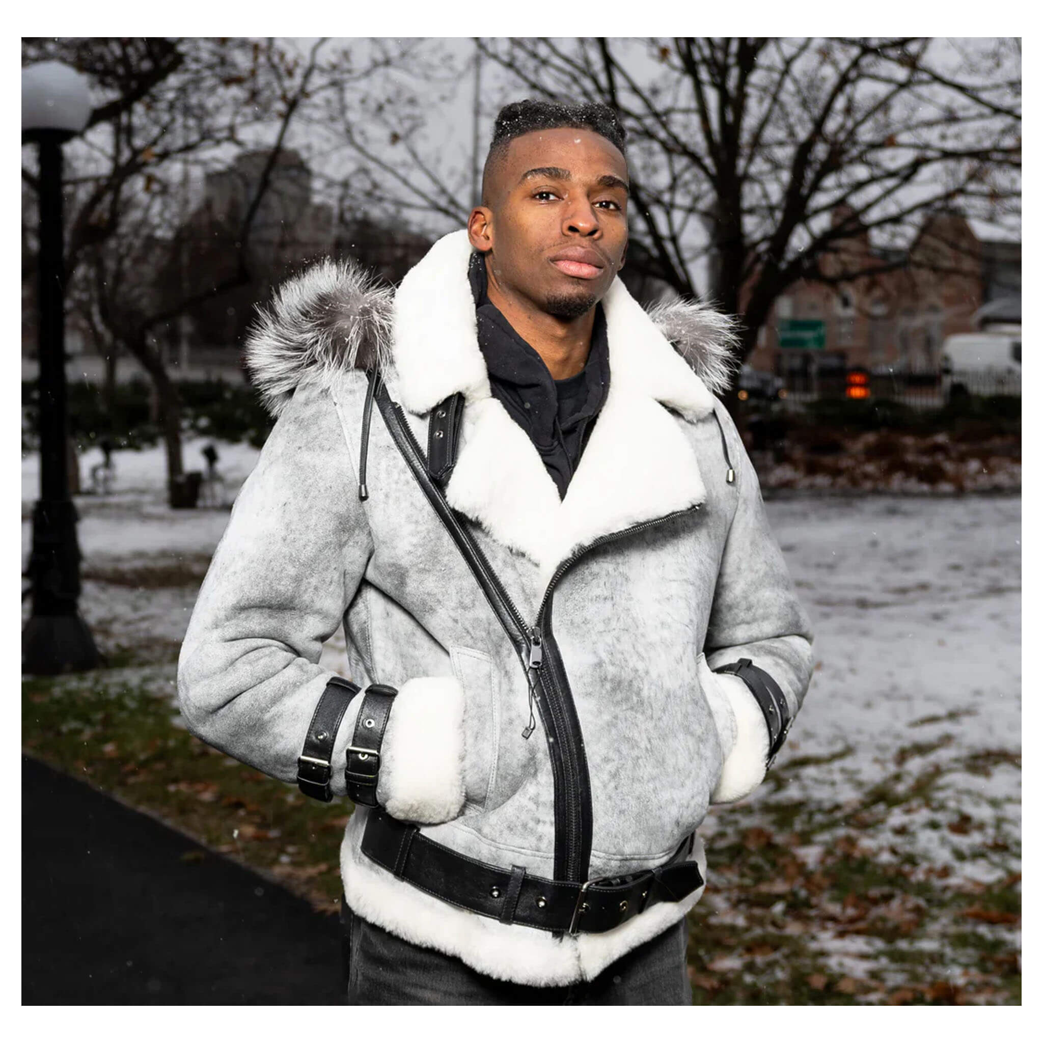 Rocco Vintage Grey B3 Shearling Aviator Bomber Jacket with Hood