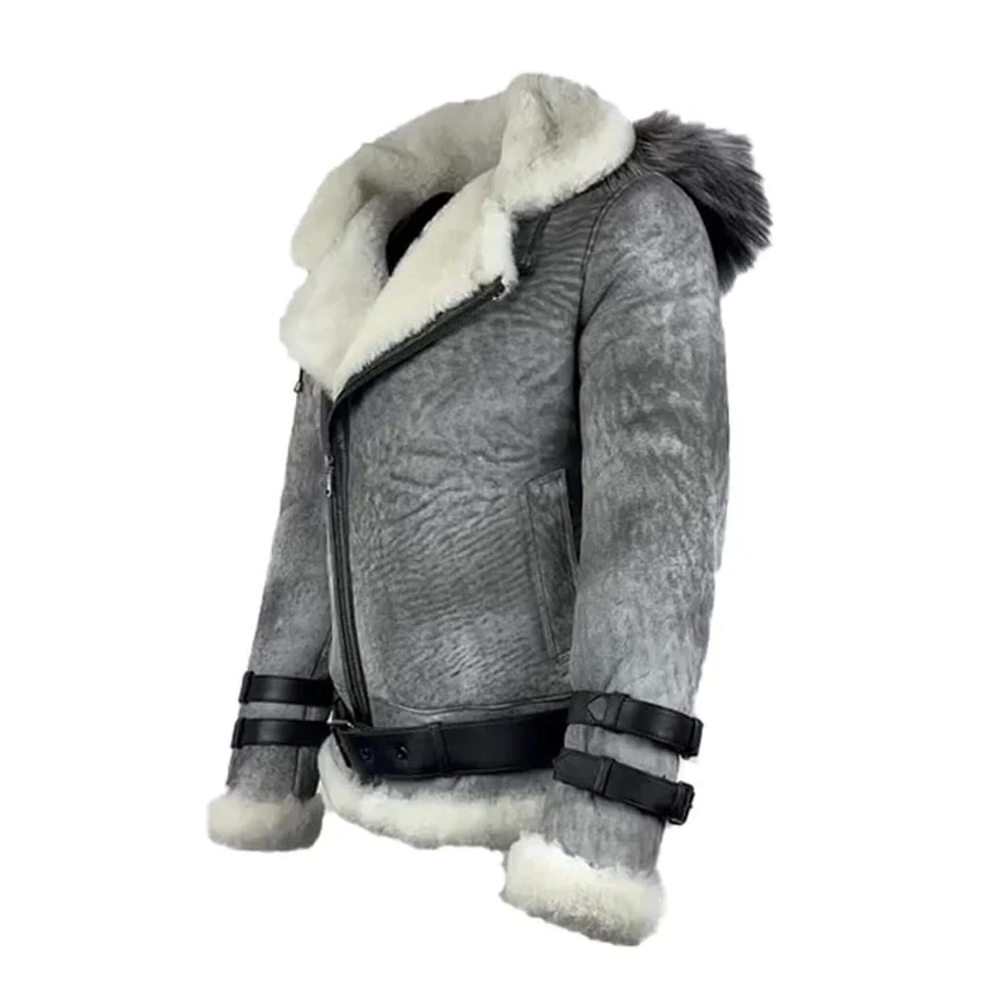 Rocco vintage grey B3 shearling aviator bomber jacket with hood, distressed leather, Spanish Merino sheepskin, winter flight style coat.