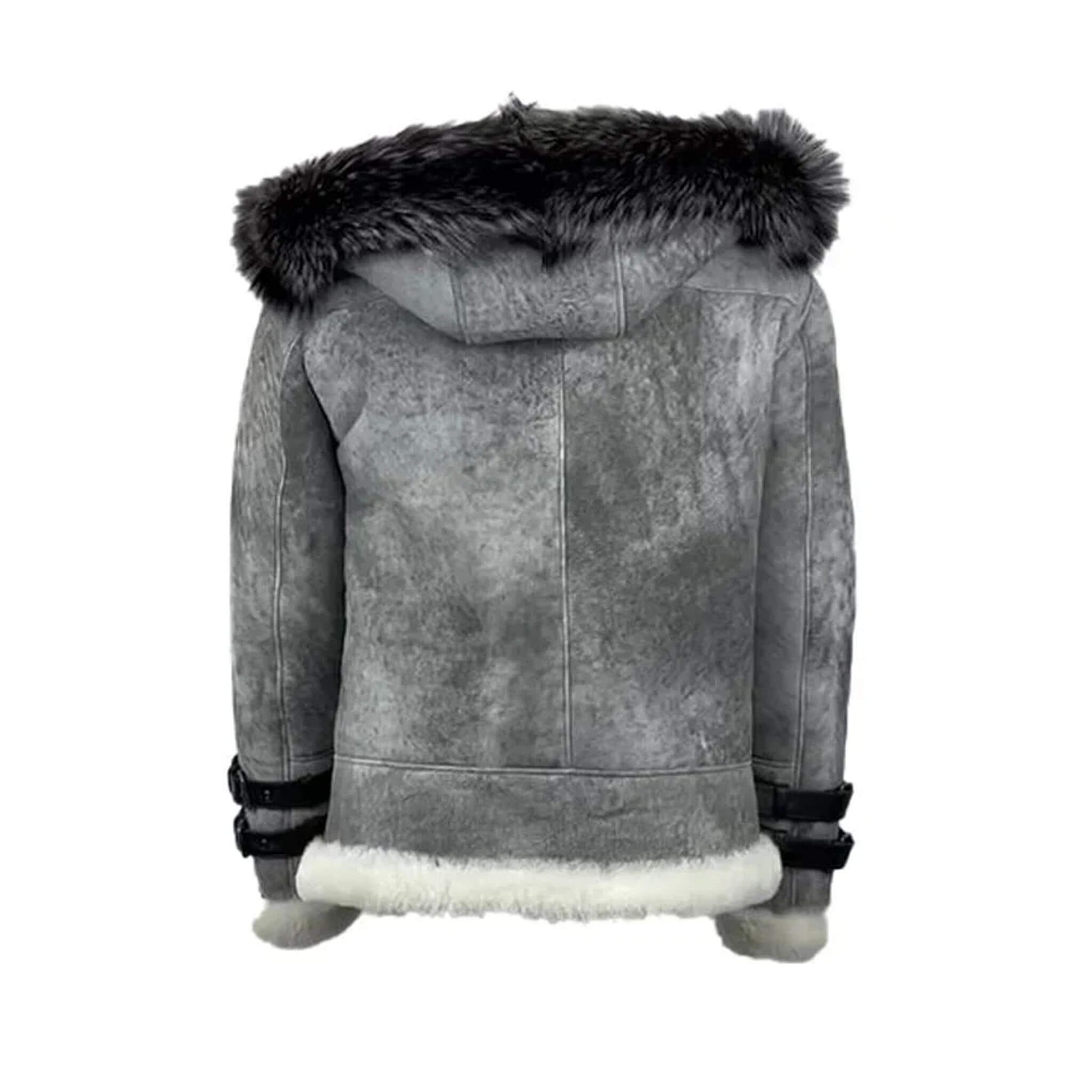 Rocco Vintage Grey B3 Shearling Aviator Bomber Jacket with Hood