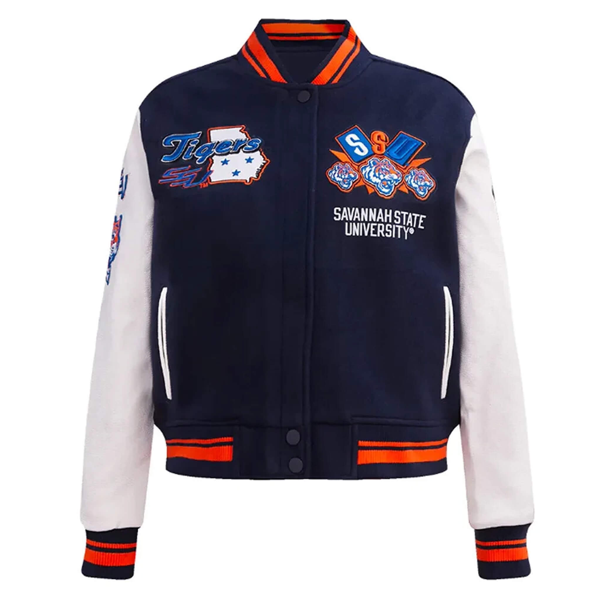 Savannah State Navy White Varsity Jacket | Homecoming Style