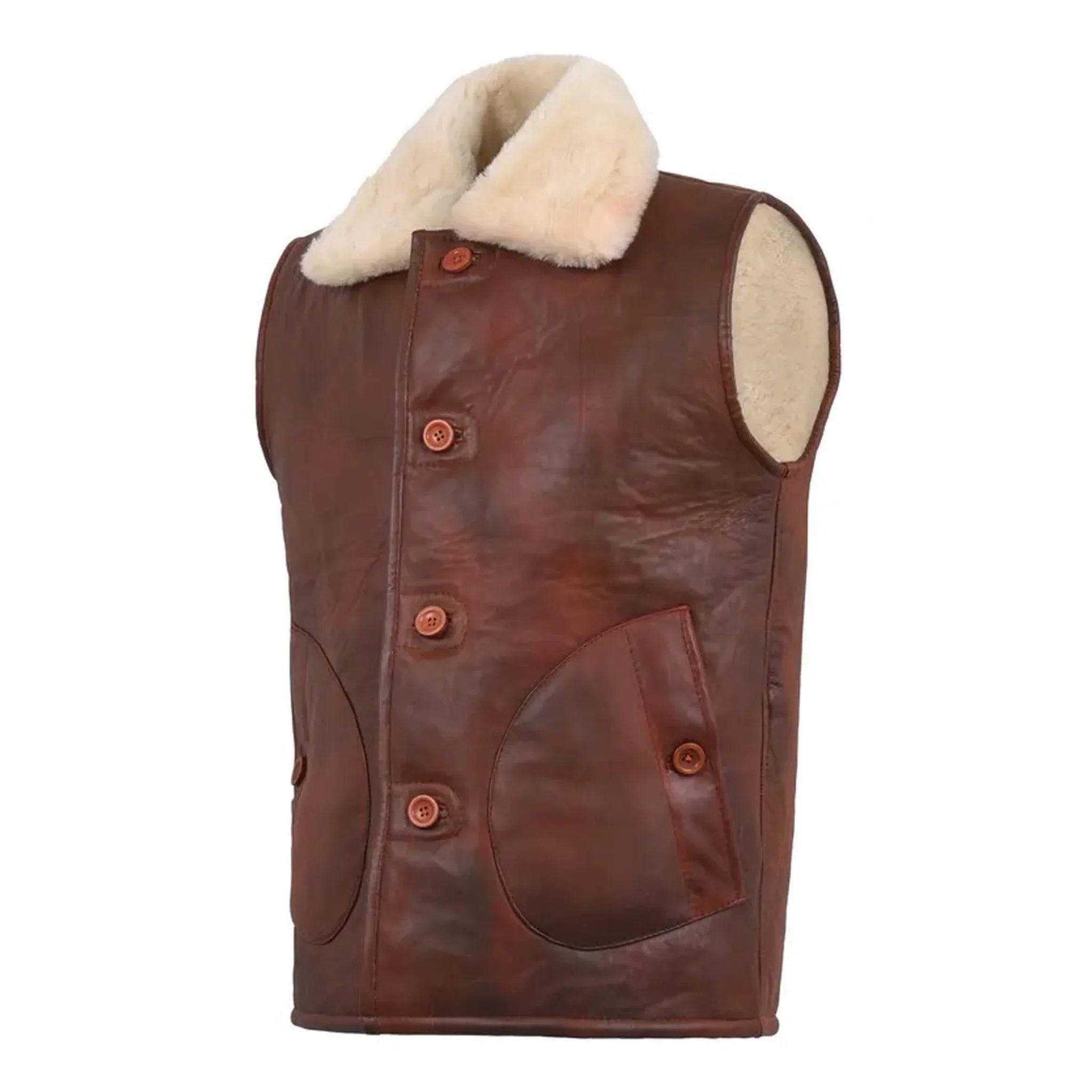 Men's Sheepskin Leather Shearling Vest – Brown Gilet - leathergang.com